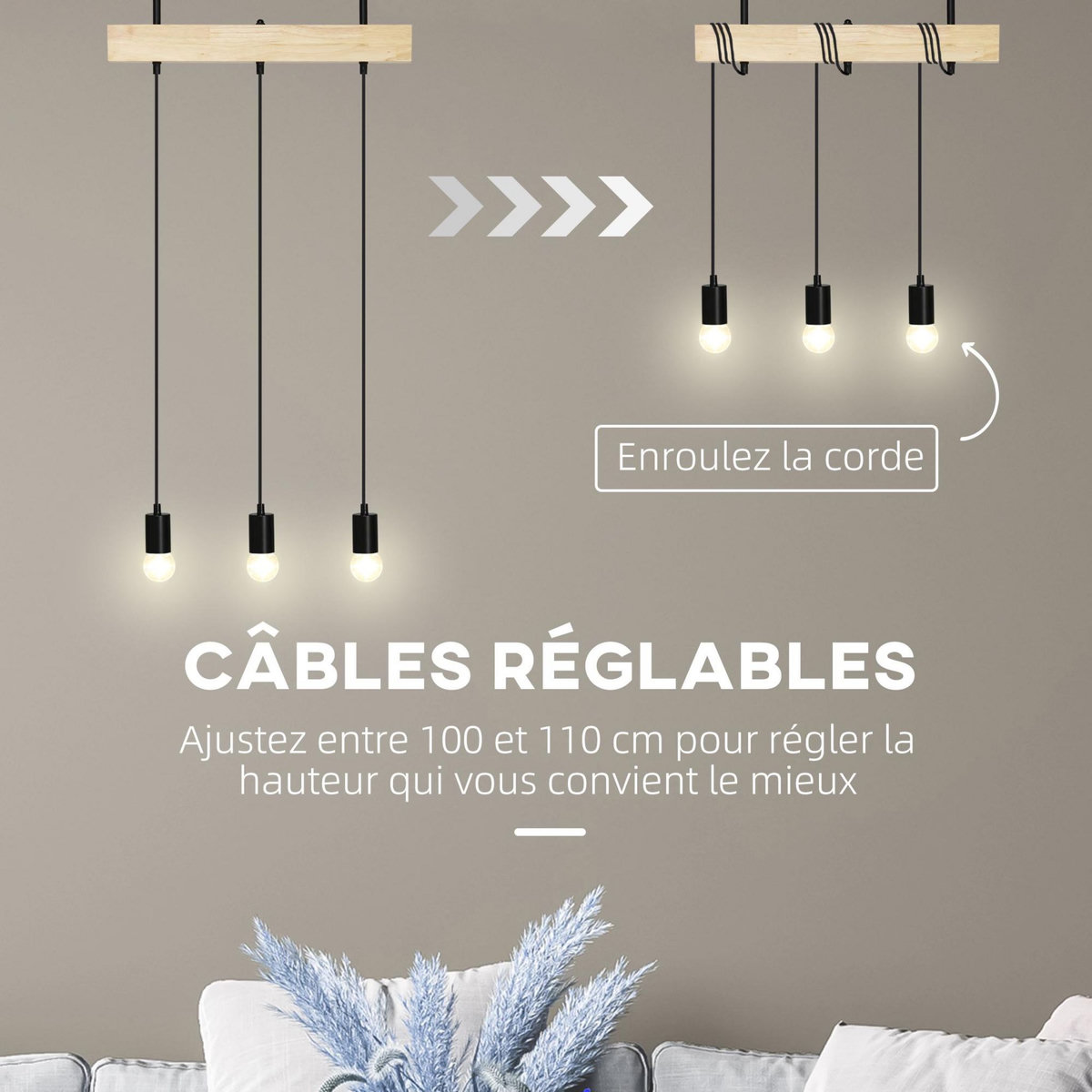 HOMCOM Lustre suspension style industriel 3 lampes 40 W max. hauteur réglable dim. 50L x 8l x 33H cm métal noir bois hévéa
