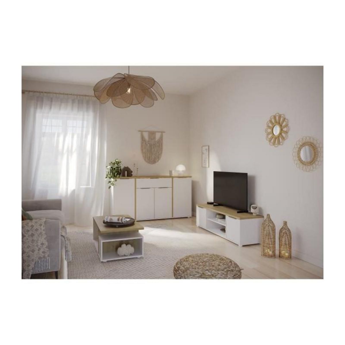 Demeyere Ensemble Salon ACCESS : Table basse + Banc TV + Enfilade 4 portes - Decor chene Hamilton et blanc