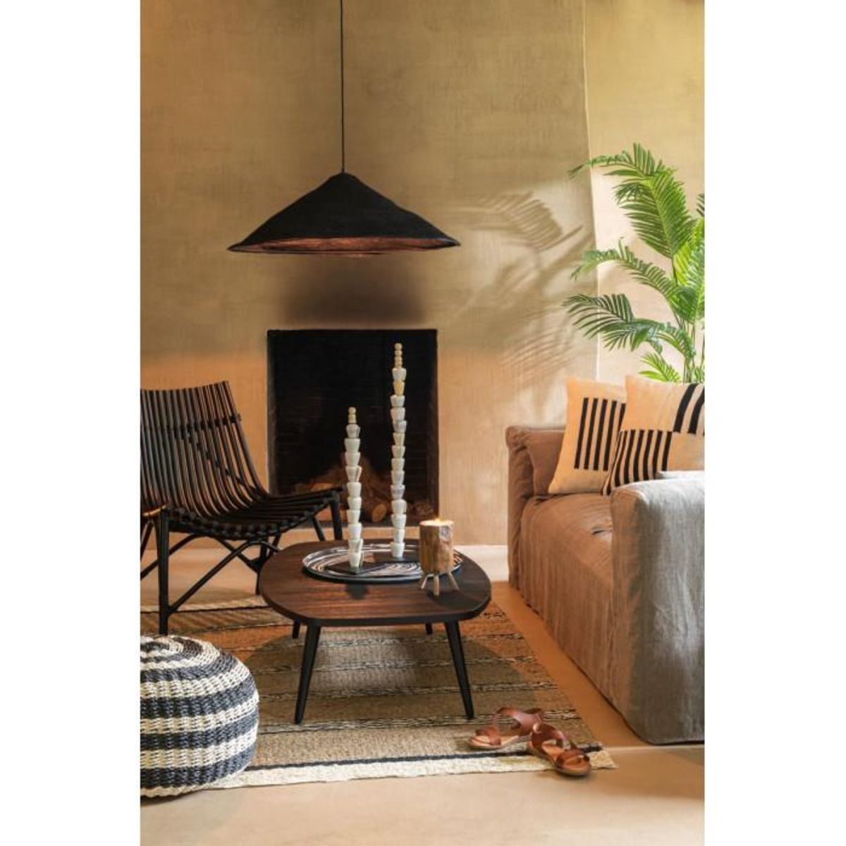 Paris Prix Pouf Rond à Rayure  Tissage  50cm Noir & Naturel