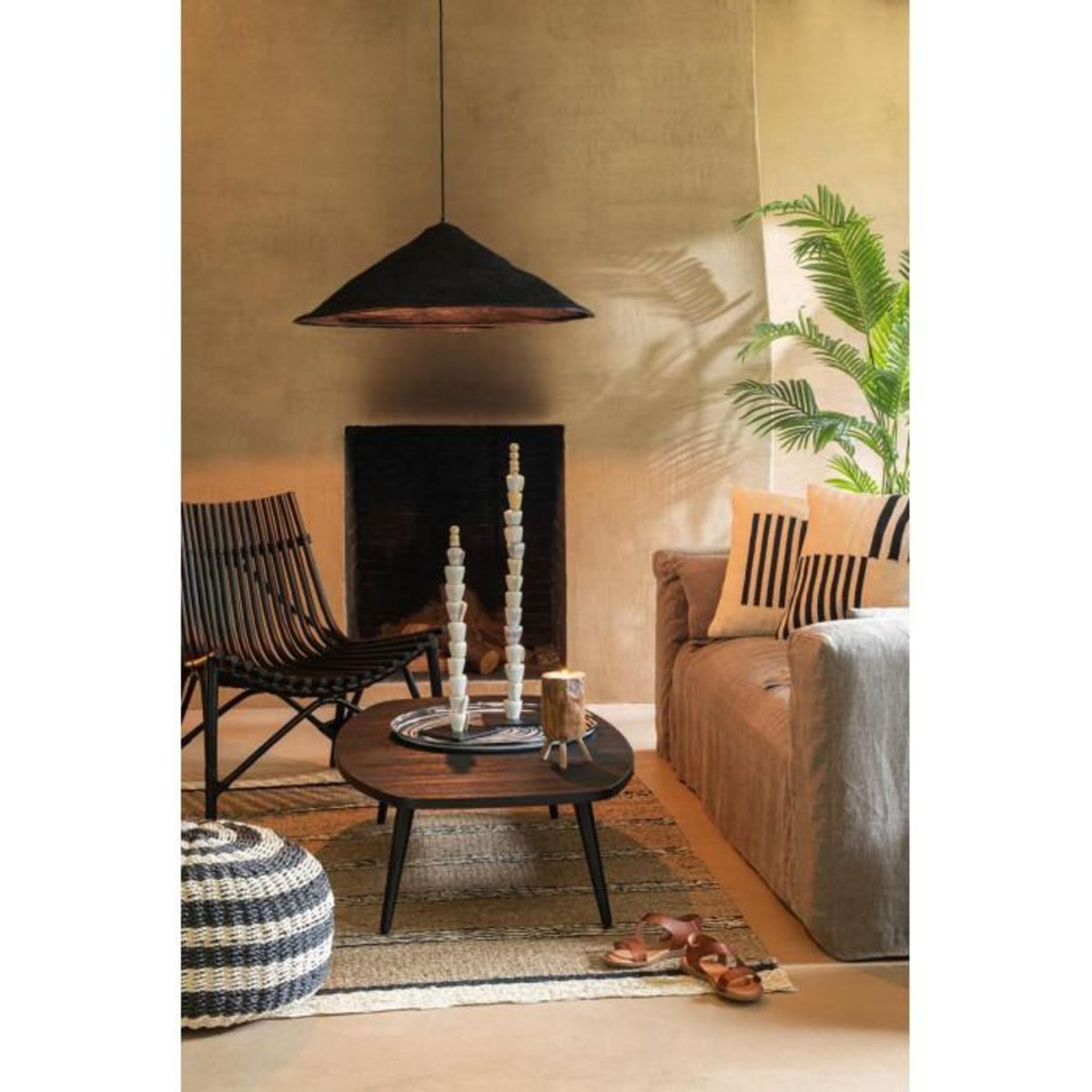 Paris Prix Pouf Rond à Rayure  Tissage  50cm Noir & Naturel