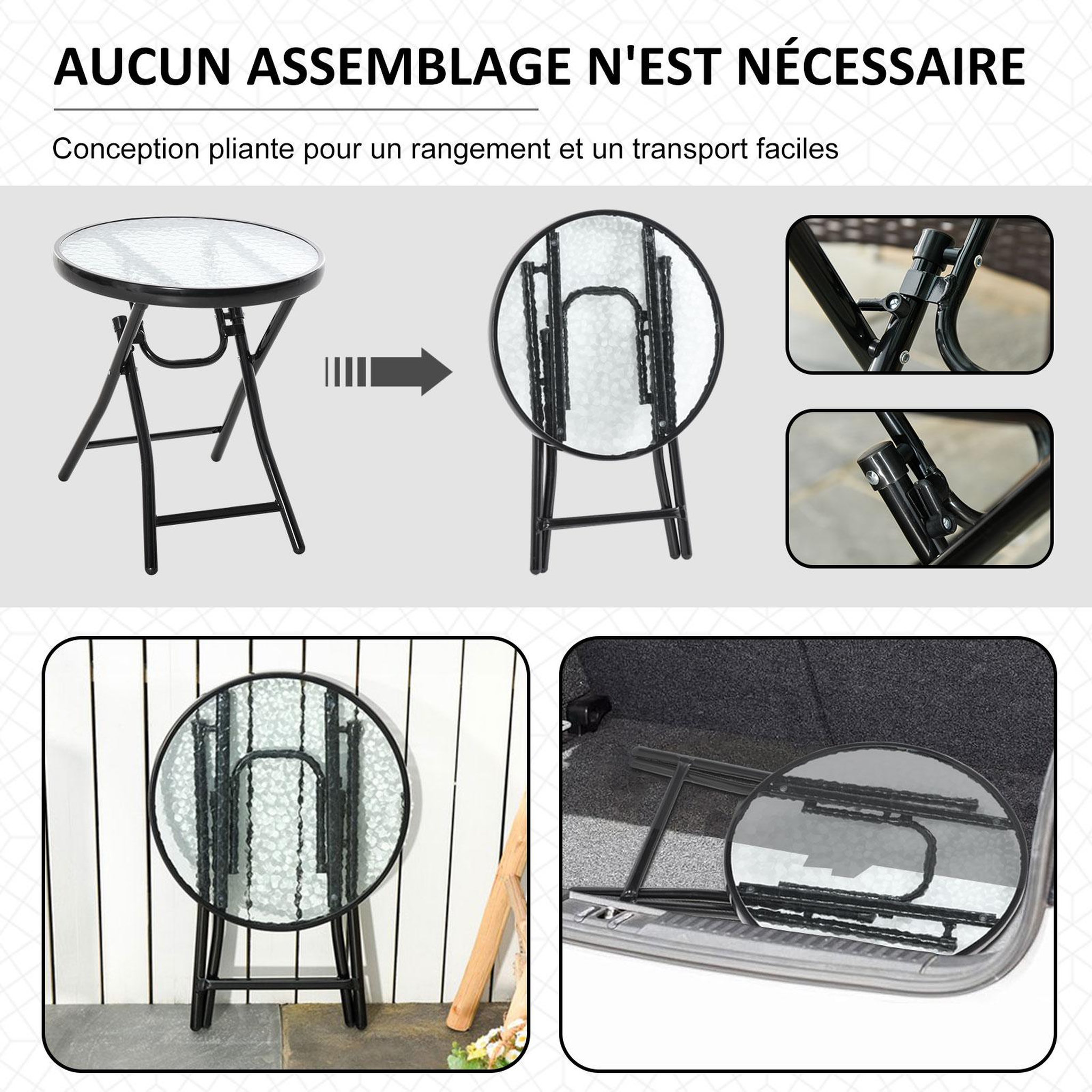Voir la diapositive 4 : OUTSUNNY Table basse ronde bistro de jardin Ø 45 x 50H cm pliable métal époxy noir plateau verre trempé