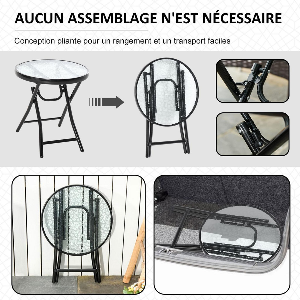 OUTSUNNY Table basse ronde bistro de jardin Ø 45 x 50H cm pliable métal époxy noir plateau verre trempé
