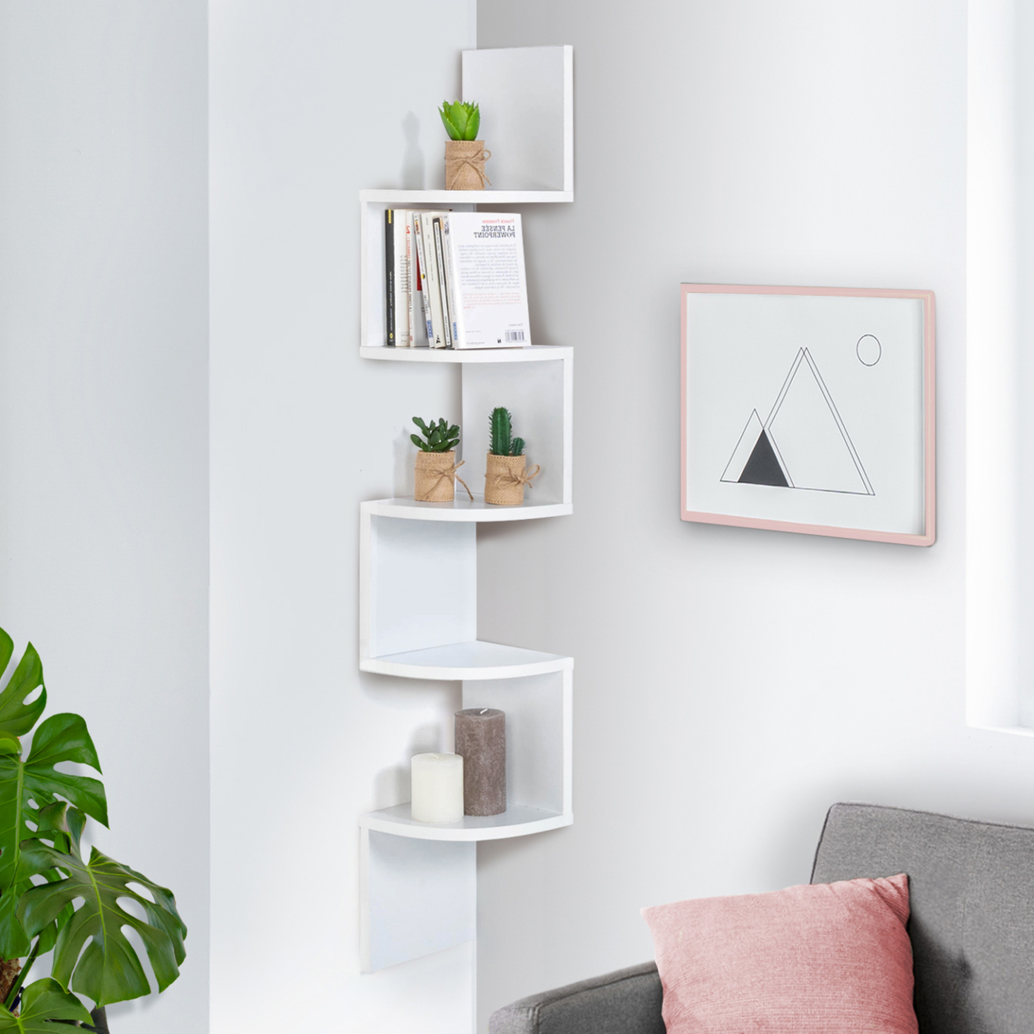 Voir la diapositive 2 : ID MARKET Etagère murale d'angle isa 5 niveaux blanche