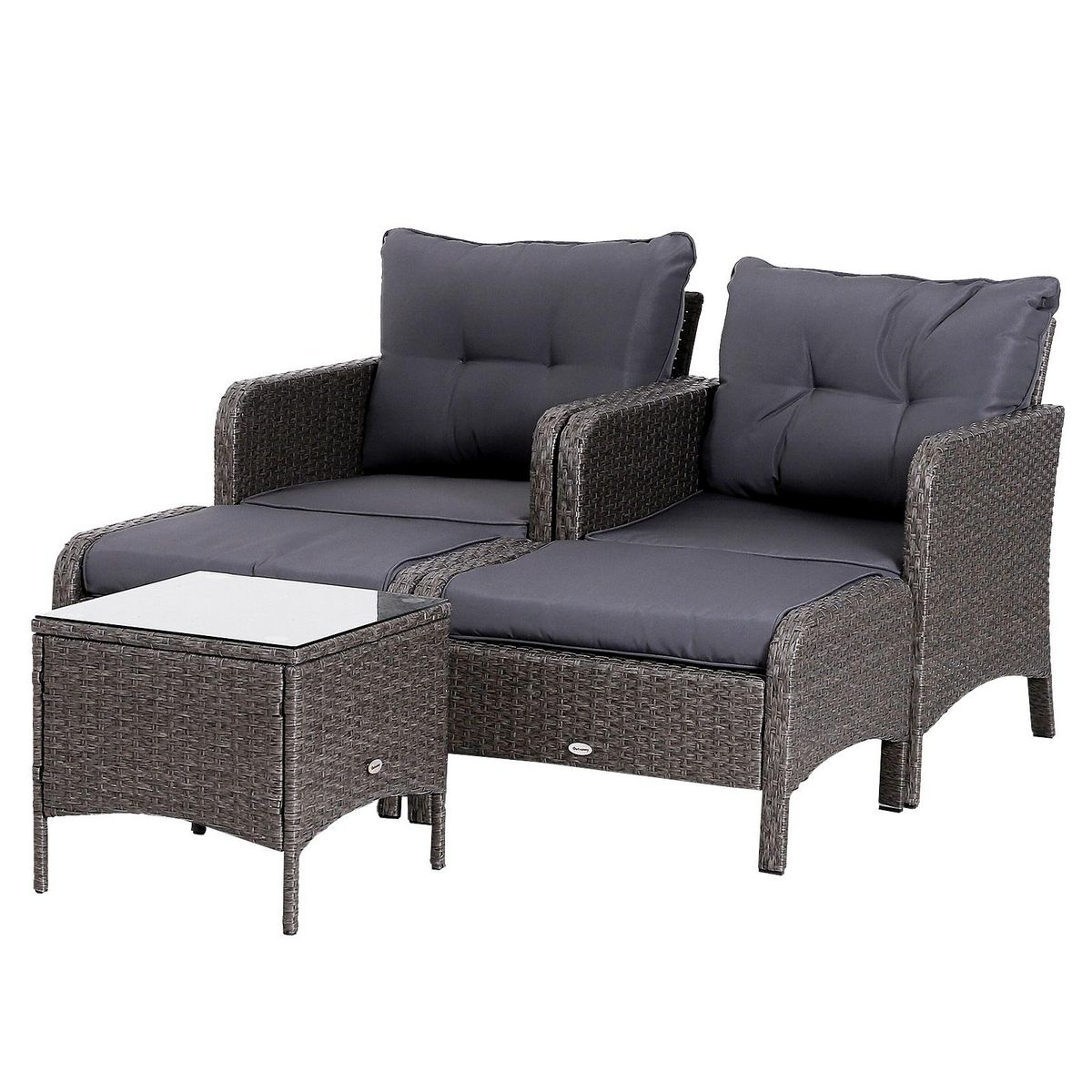 OUTSUNNY Outsunny Lot de 2 fauteuils de jardin grand confort repose-pied table basse résine tressée imitation rotin coussins gris