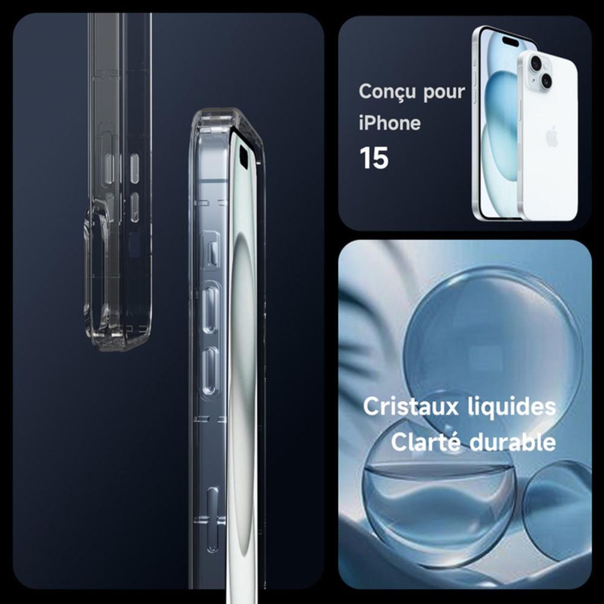 Voir la diapositive 3 : Coque iPhone 15 6,1 pouces transparente antichoc avec découpe précise pour l'appareil photo et accès facile aux boutons