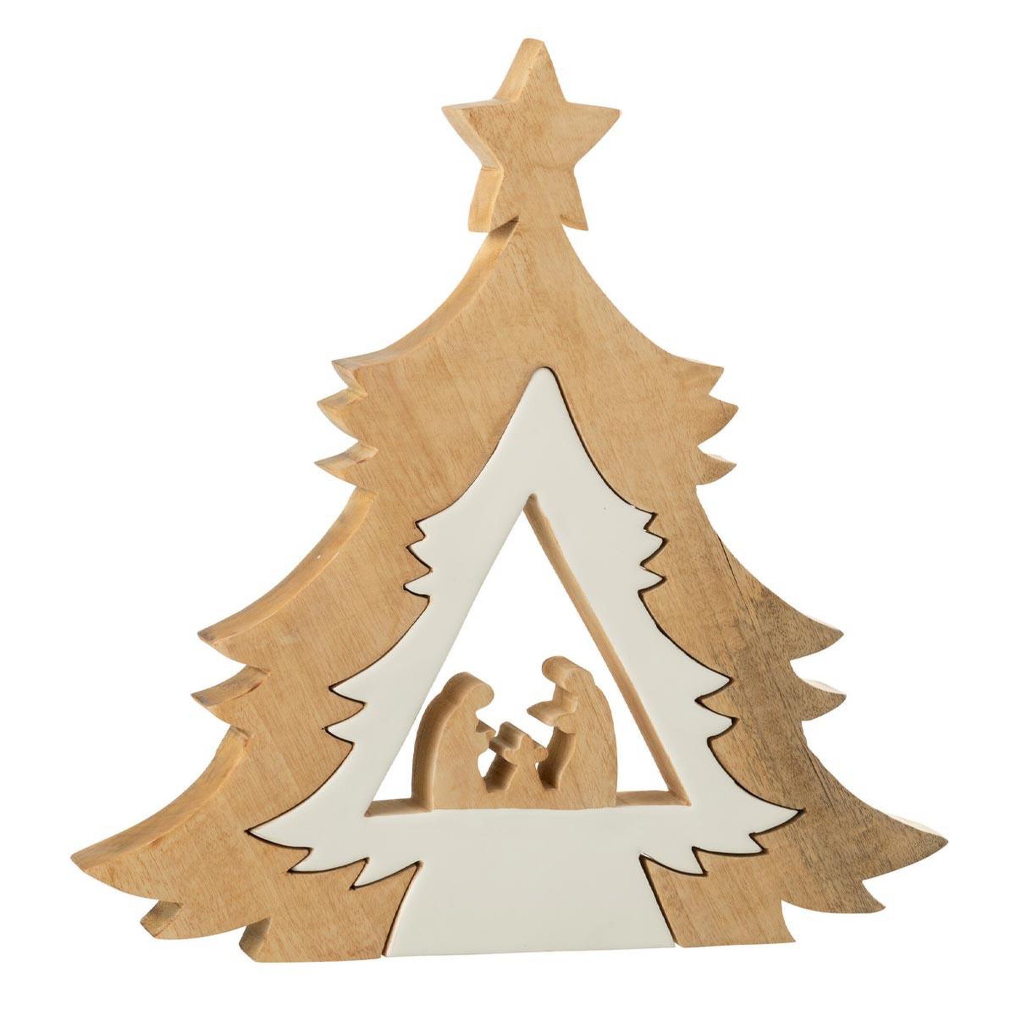J-LINE Crèche sapin en bois  étoile  41cm blanc & naturel