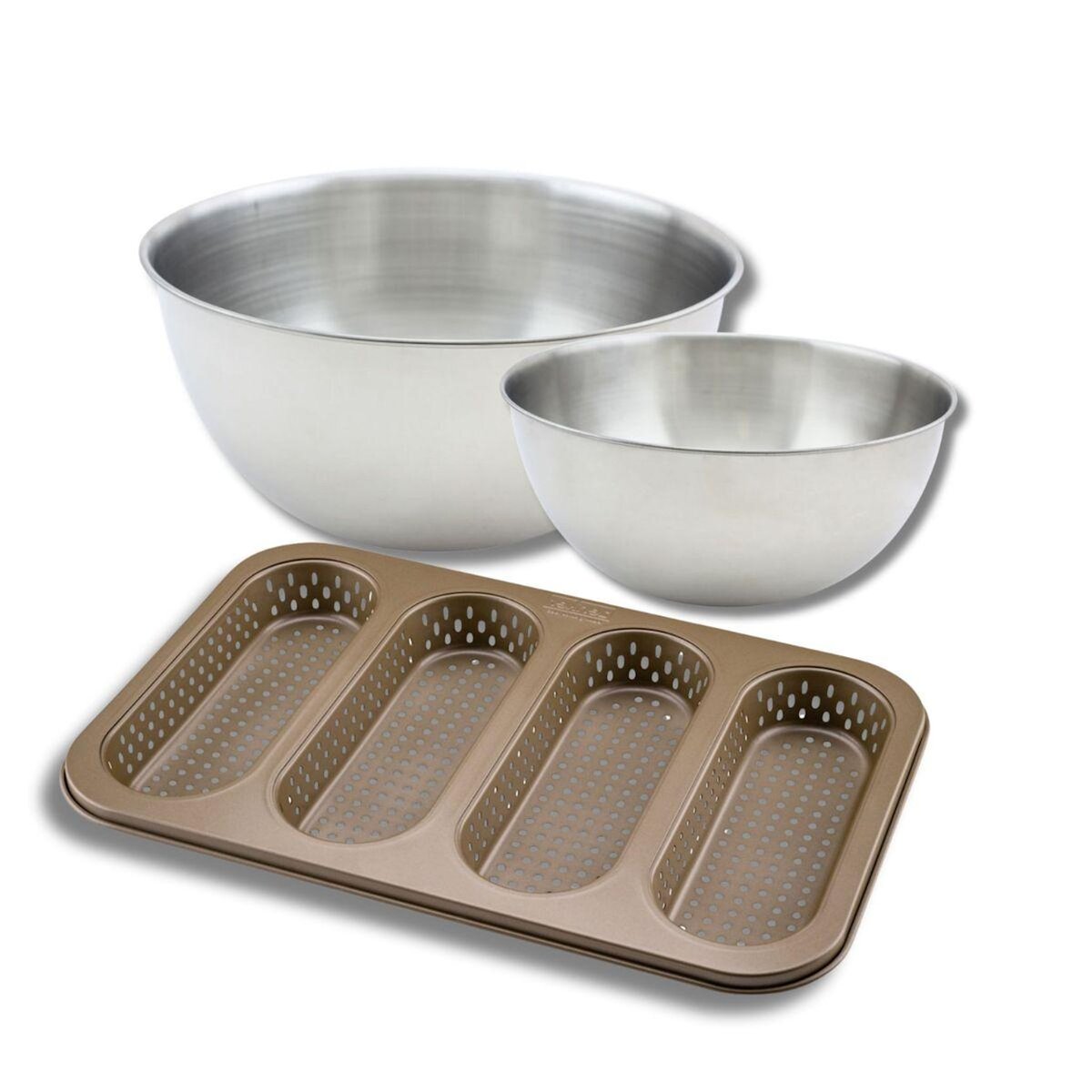 ZENKER Lot comprenant 1 moule 4 mini baguettes, 1 spatule Zenker et 2 bols à mixer en inox Fackelmann