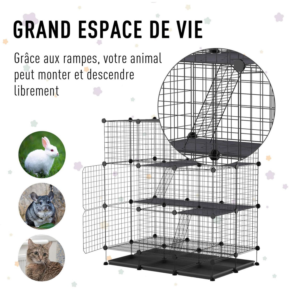 PAWHUT Cage parc enclos rongeurs modulable dim. L 111 x l 75 x H 119 cm 3 niveaux 4 portes fil métallique noir