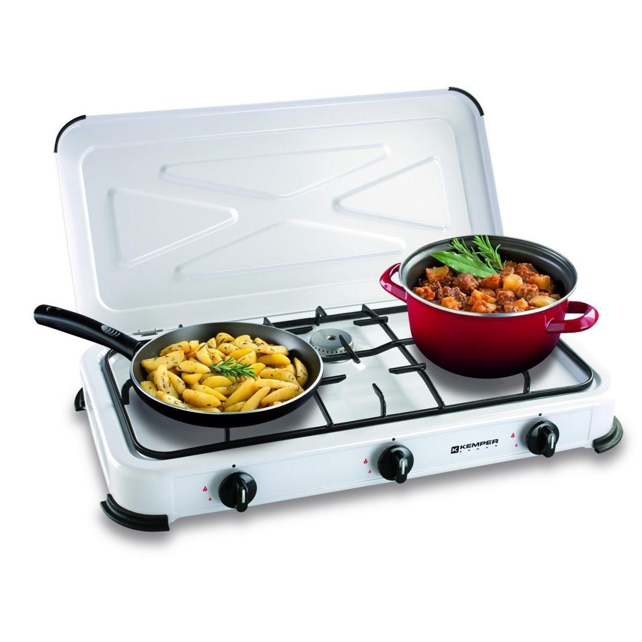 Voir la diapositive 2 : Kemper Réchaud gaz portable 3 feux 3450W Blanc laqué Couvercle Plaque de cuisson + Tuyau gaz KEMPER