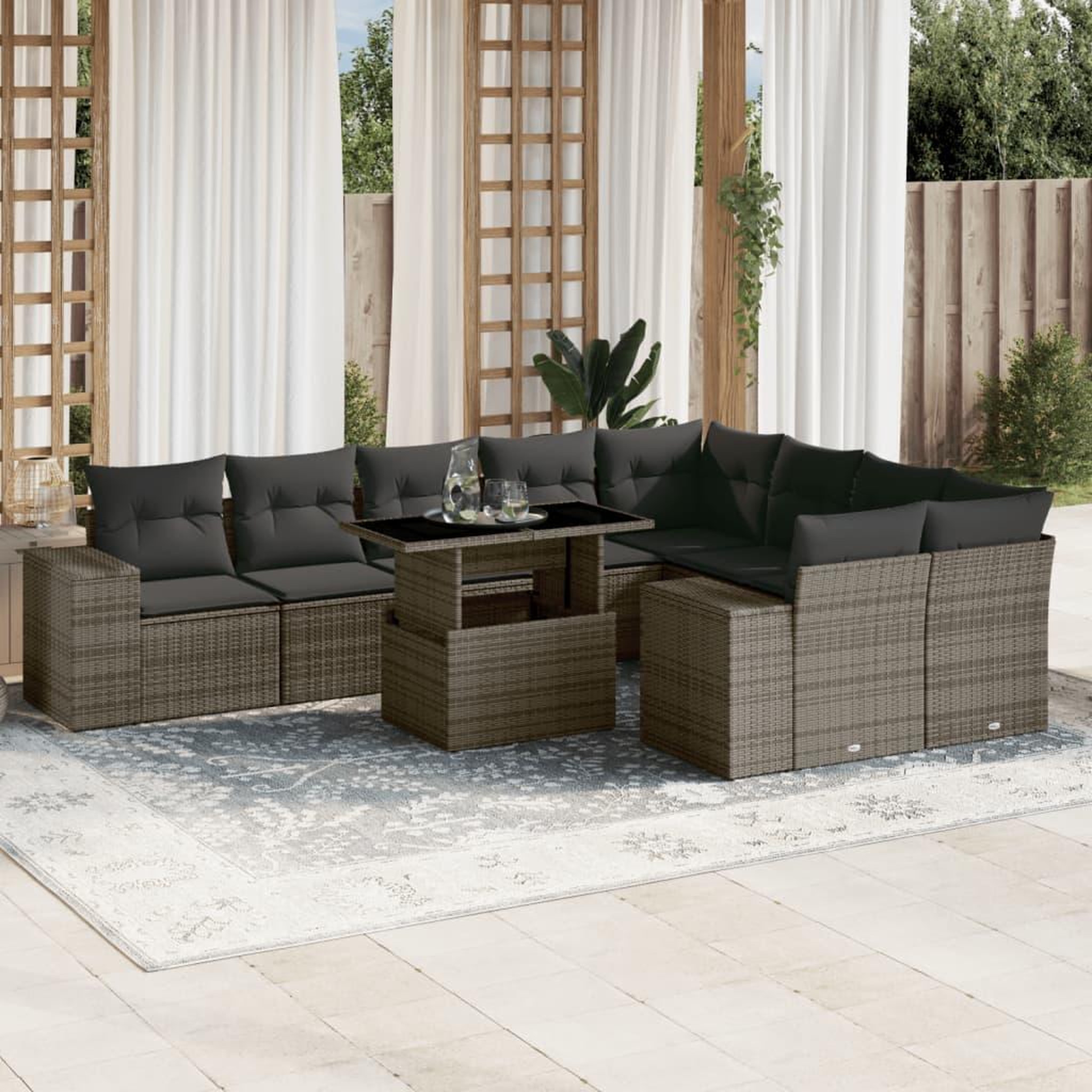 VIDAXL Salon de jardin avec coussins 10 pcs gris resine tressee