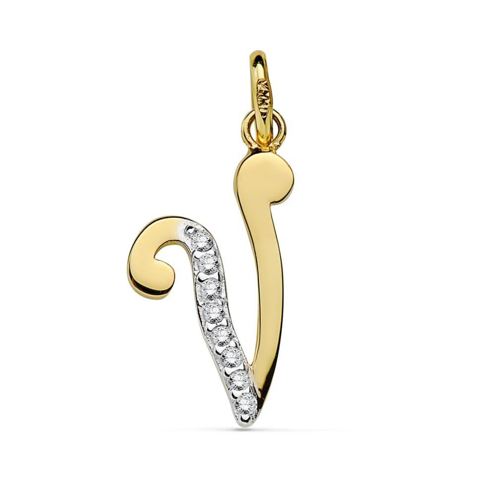 L'ATELIER D'AZUR Pendentif Or 18 Carats 750 Jaune Serti de Zirconiums - Initiale Lettre  V  - Chaine Offerte