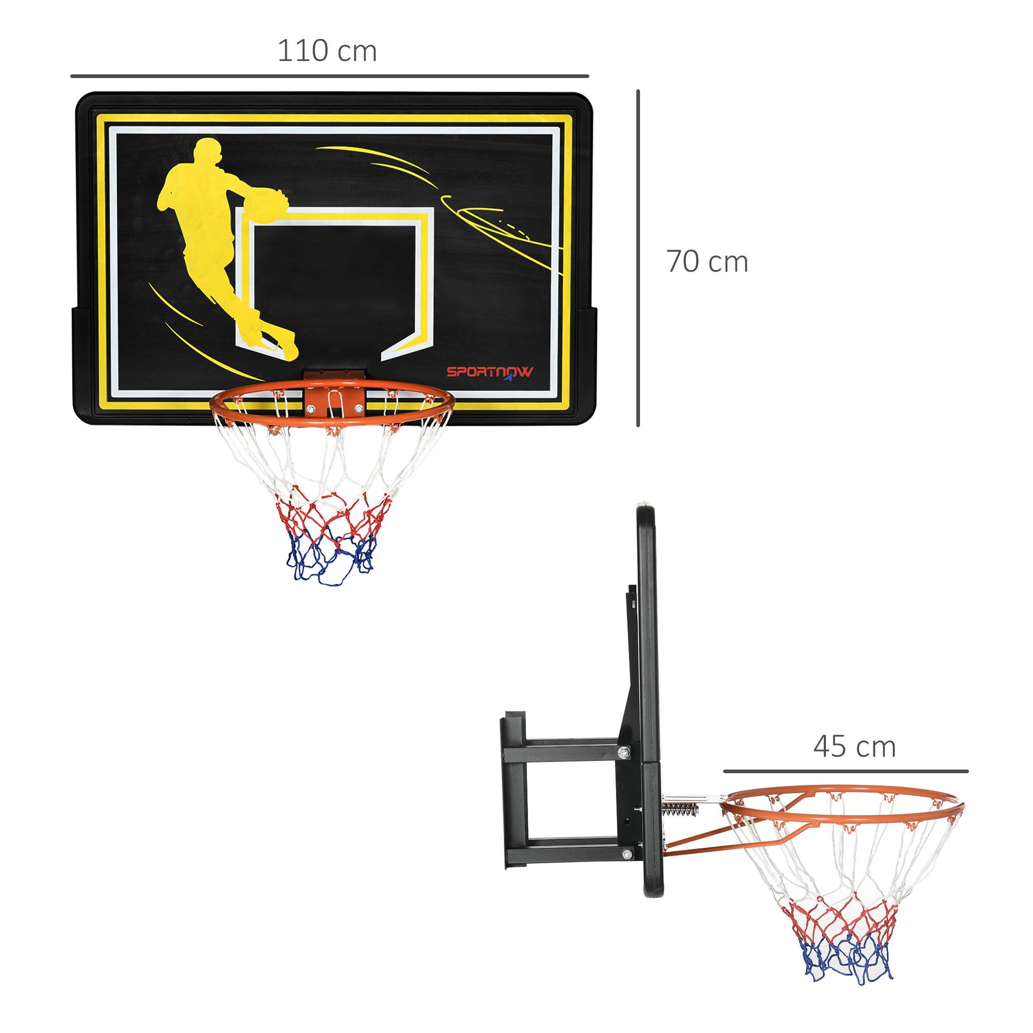 Voir la diapositive 2 : HOMCOM Panier de basket mural - structure acier - accessoires montage inclus - noir