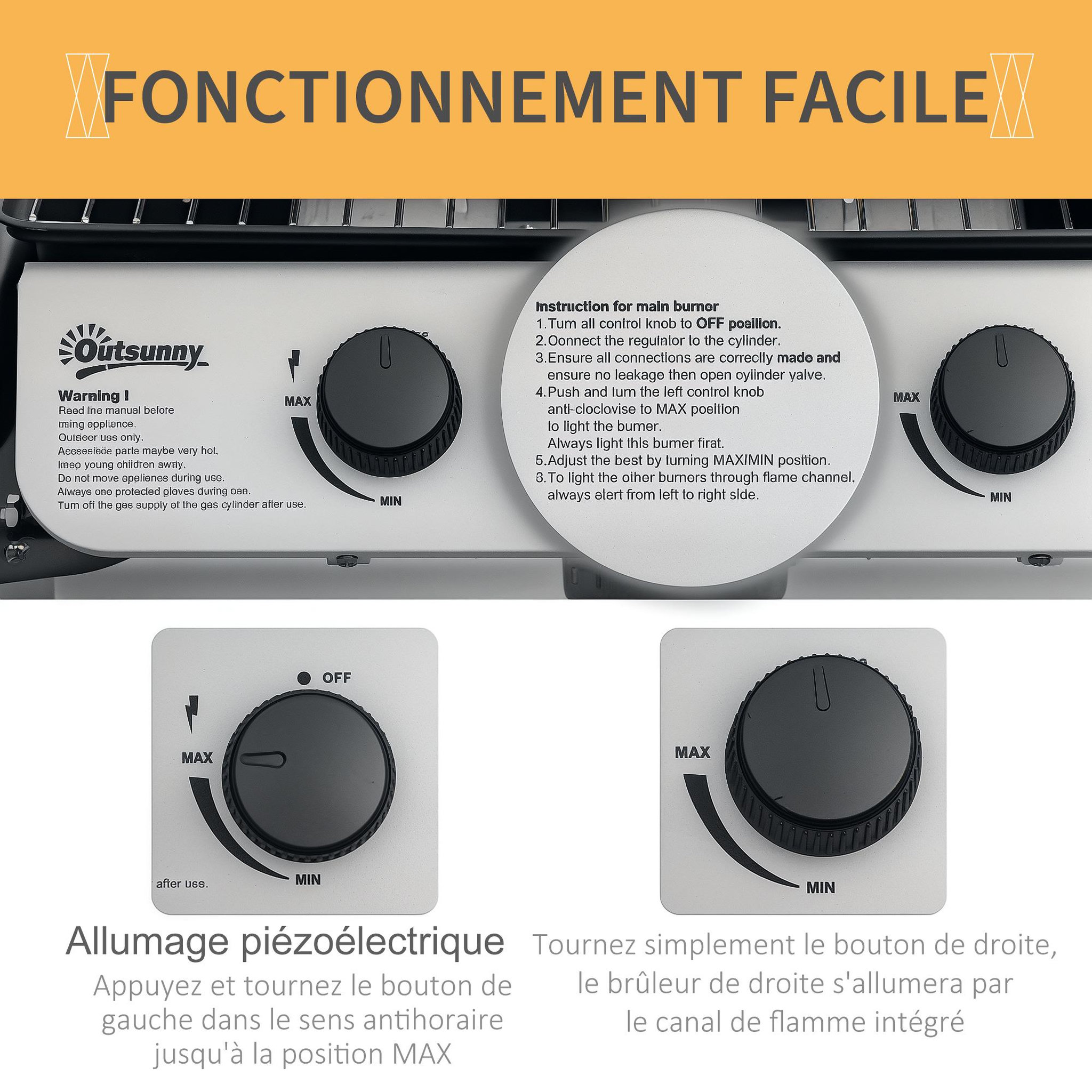 Voir la diapositive 5 : OUTSUNNY Barbecue gaz 2 brûleurs 2,8kW avec couvercle - grille, récupérateur graisse, 2 tablettes latérales, 2 roues - gris noir