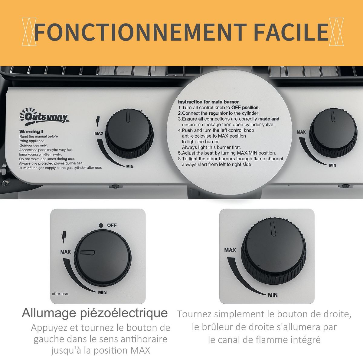 OUTSUNNY Barbecue gaz 2 brûleurs 2,8kW avec couvercle - grille, récupérateur graisse, 2 tablettes latérales, 2 roues - gris noir