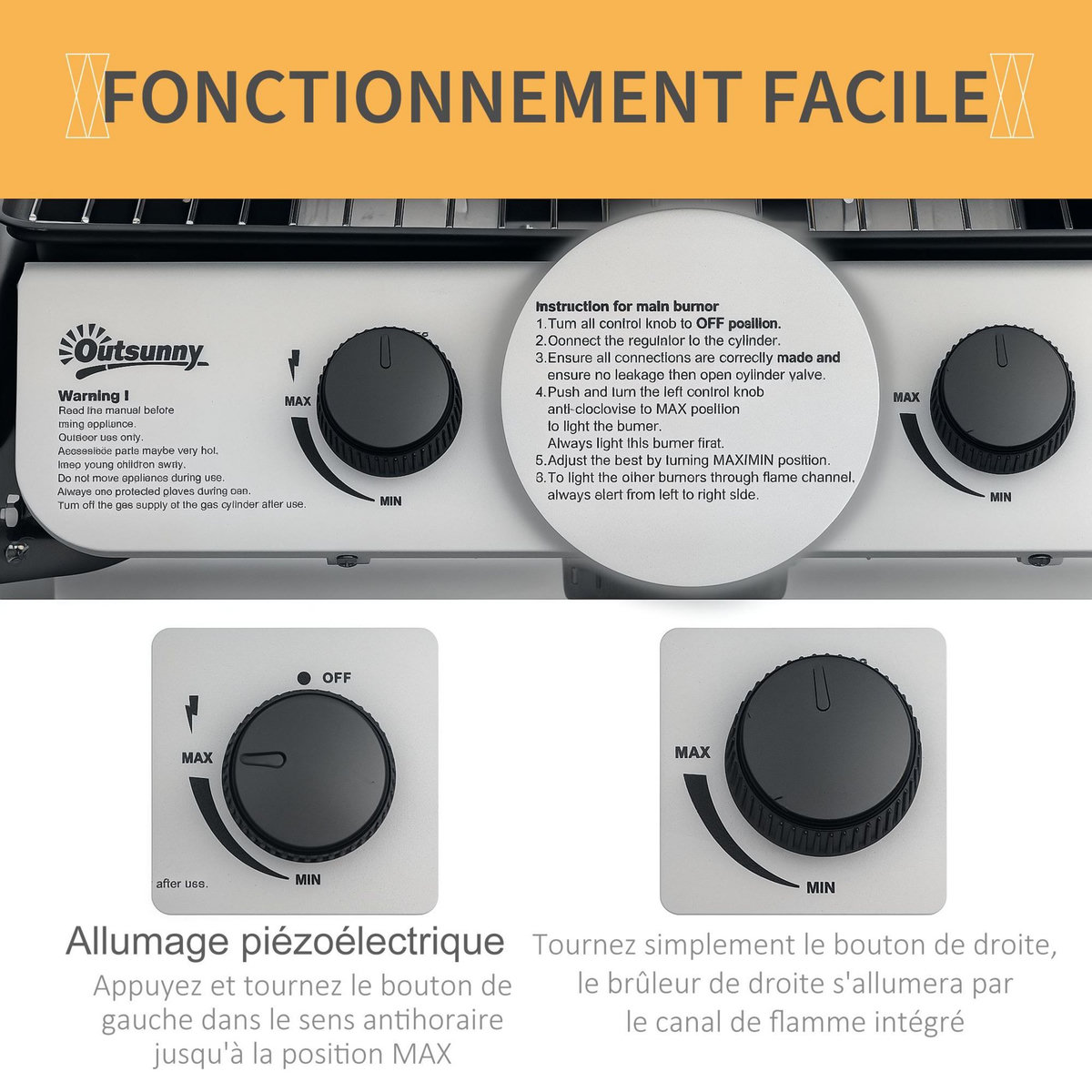 OUTSUNNY Barbecue gaz 2 brûleurs 2,8kW avec couvercle - grille, récupérateur graisse, 2 tablettes latérales, 2 roues - gris noir