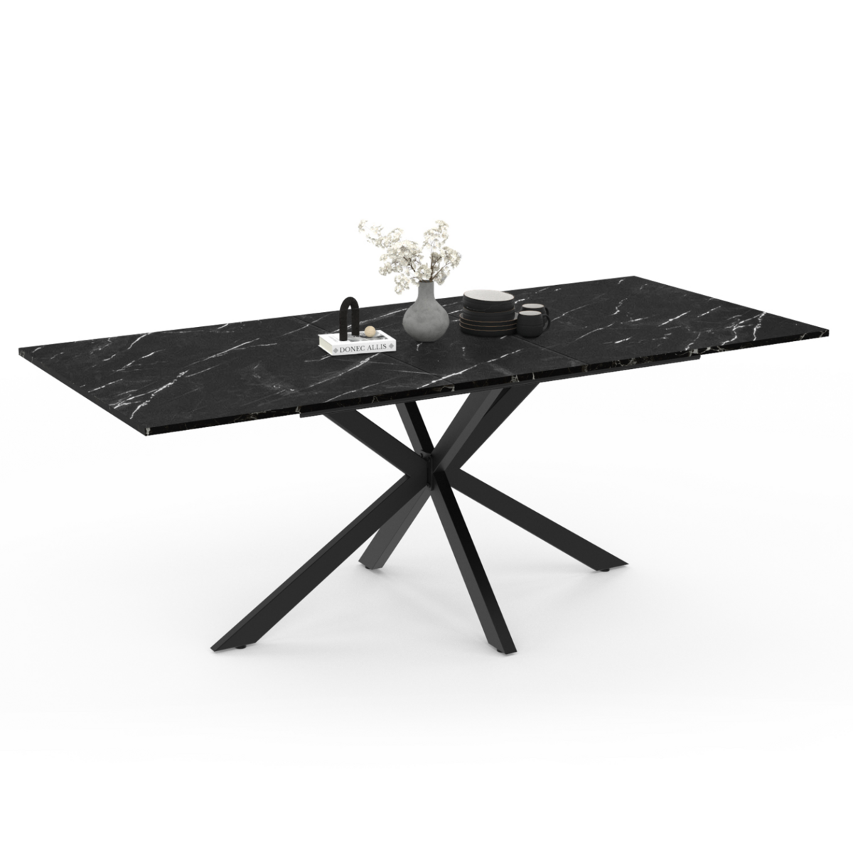 ID MARKET Table à manger extensible rectangle ALIX 6-10 personnes pied araignée noir et plateau effet marbre noir ALASKA 160-200 cm