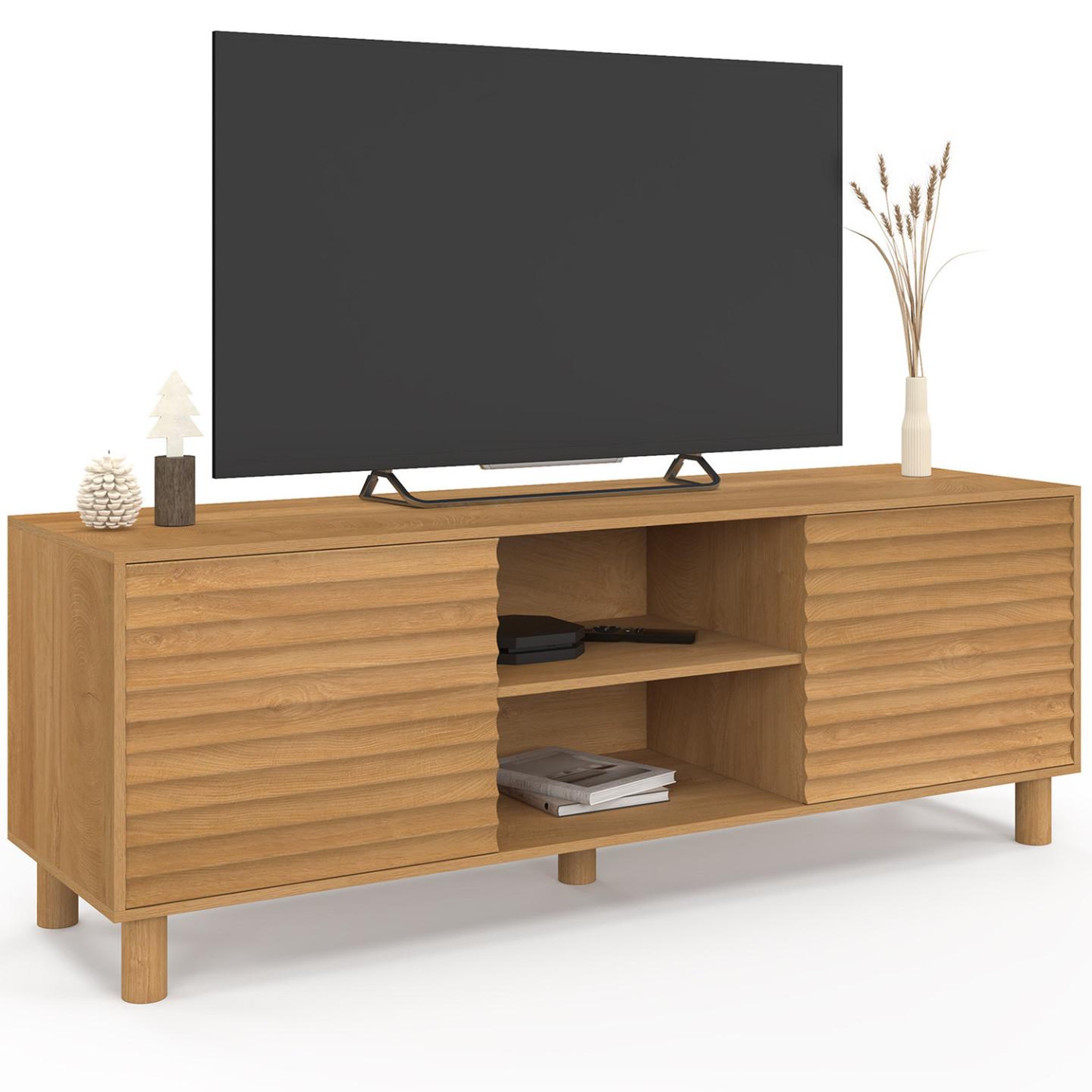 ID MARKET Meuble tv 140 cm julie 2 portes lattes tasseau bois coloris chêne