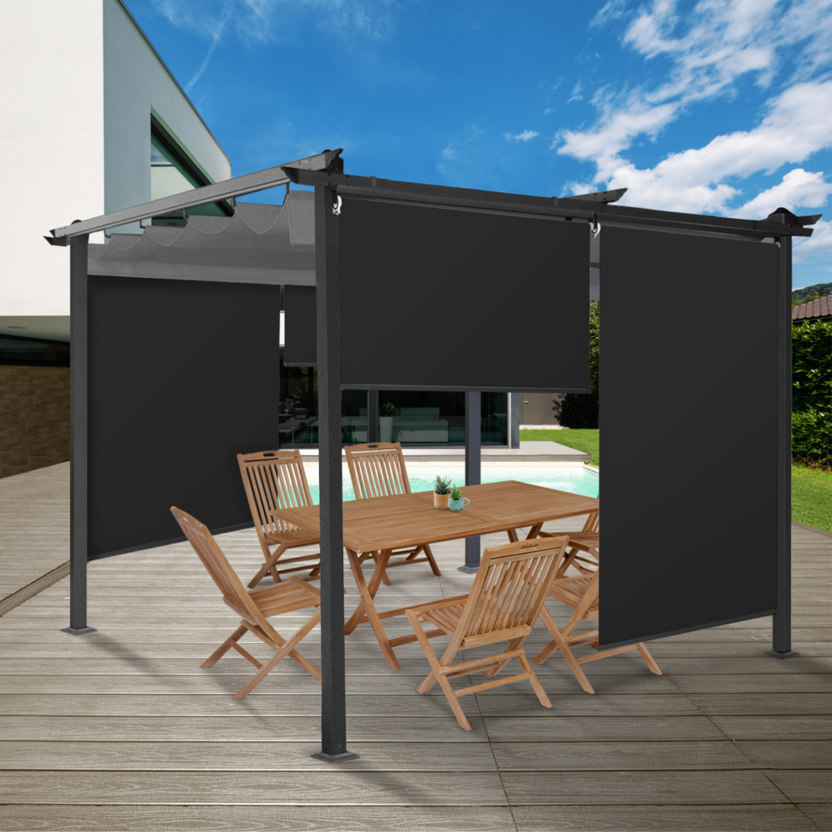 ID MARKET Lot de 2 stores enrouleurs L.124 x H. 225 CM pour pergola noir