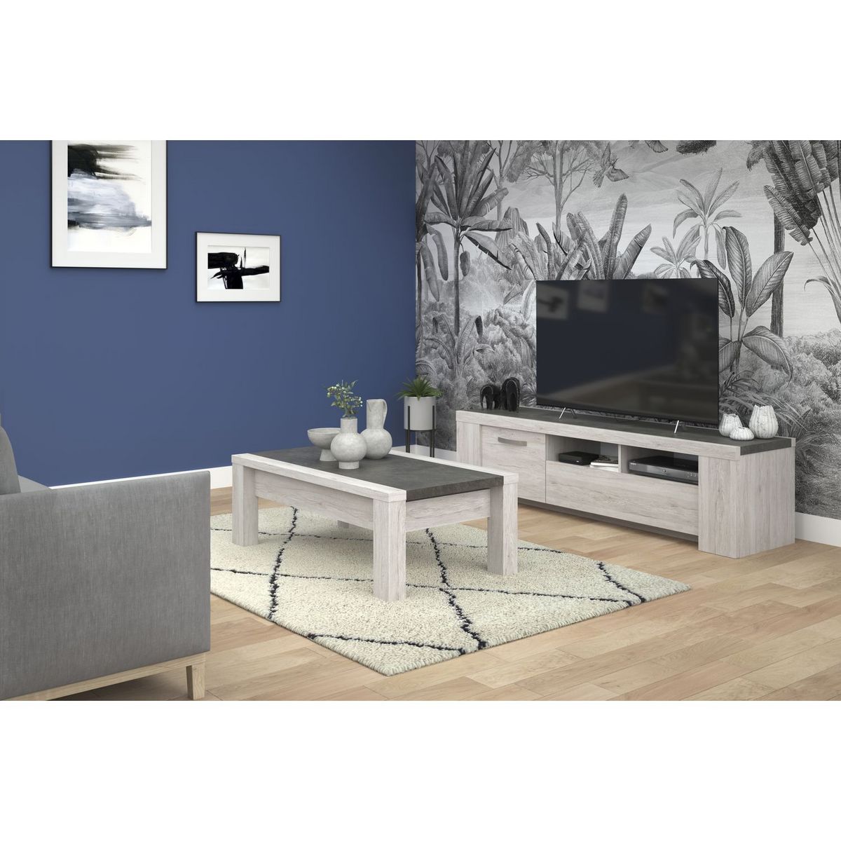 Meuble TV 1 porte 1 tiroir 2 niches de rangementL183 x H48 x P47cm MEL