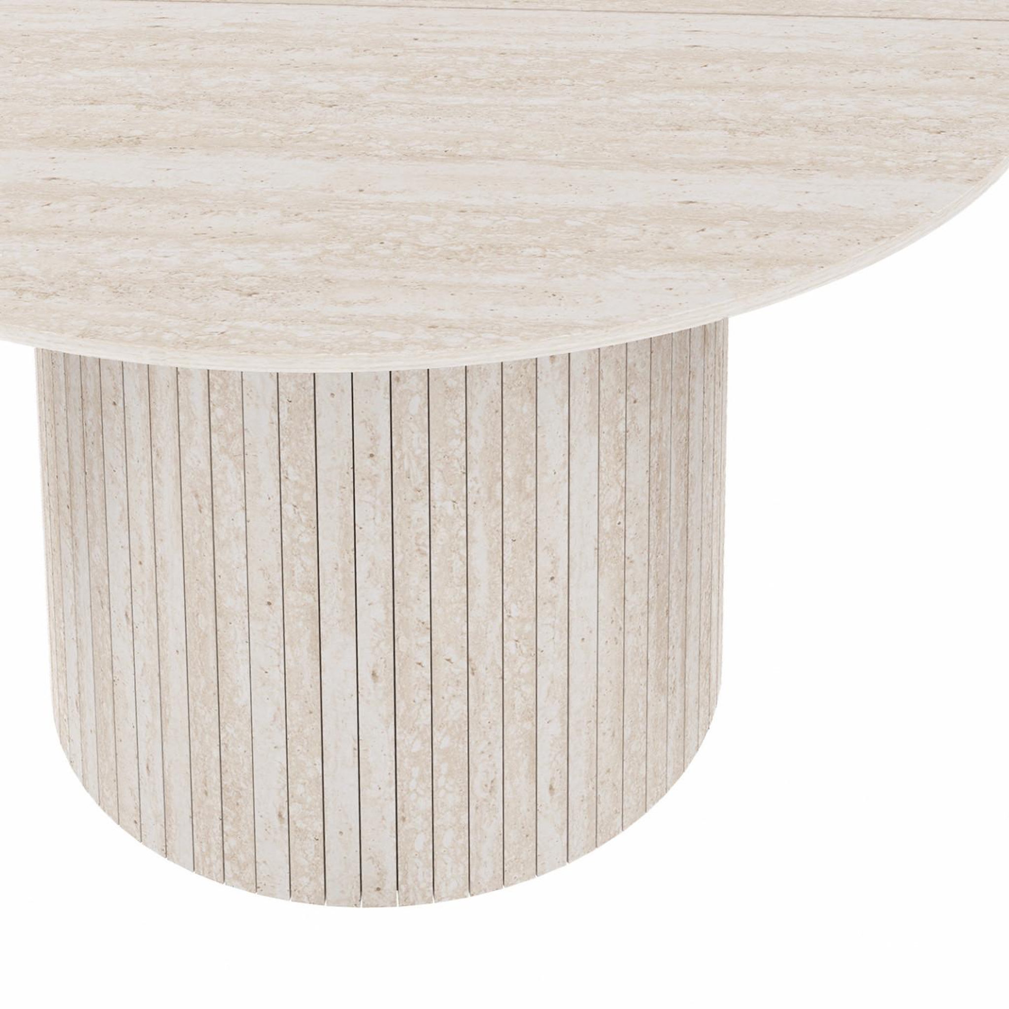 Voir la diapositive 5 : ID MARKET Table à manger ronde juliette 6 personnes pied central effet lattes façon travertin 110 cm