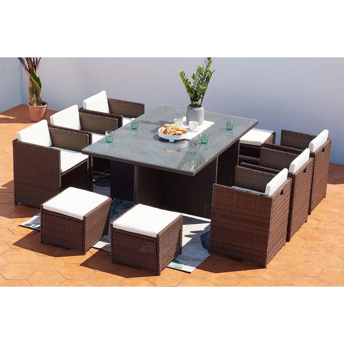 CONCEPT USINE Table et chaises 10 places encastrables résine marron-blanc MIAMI