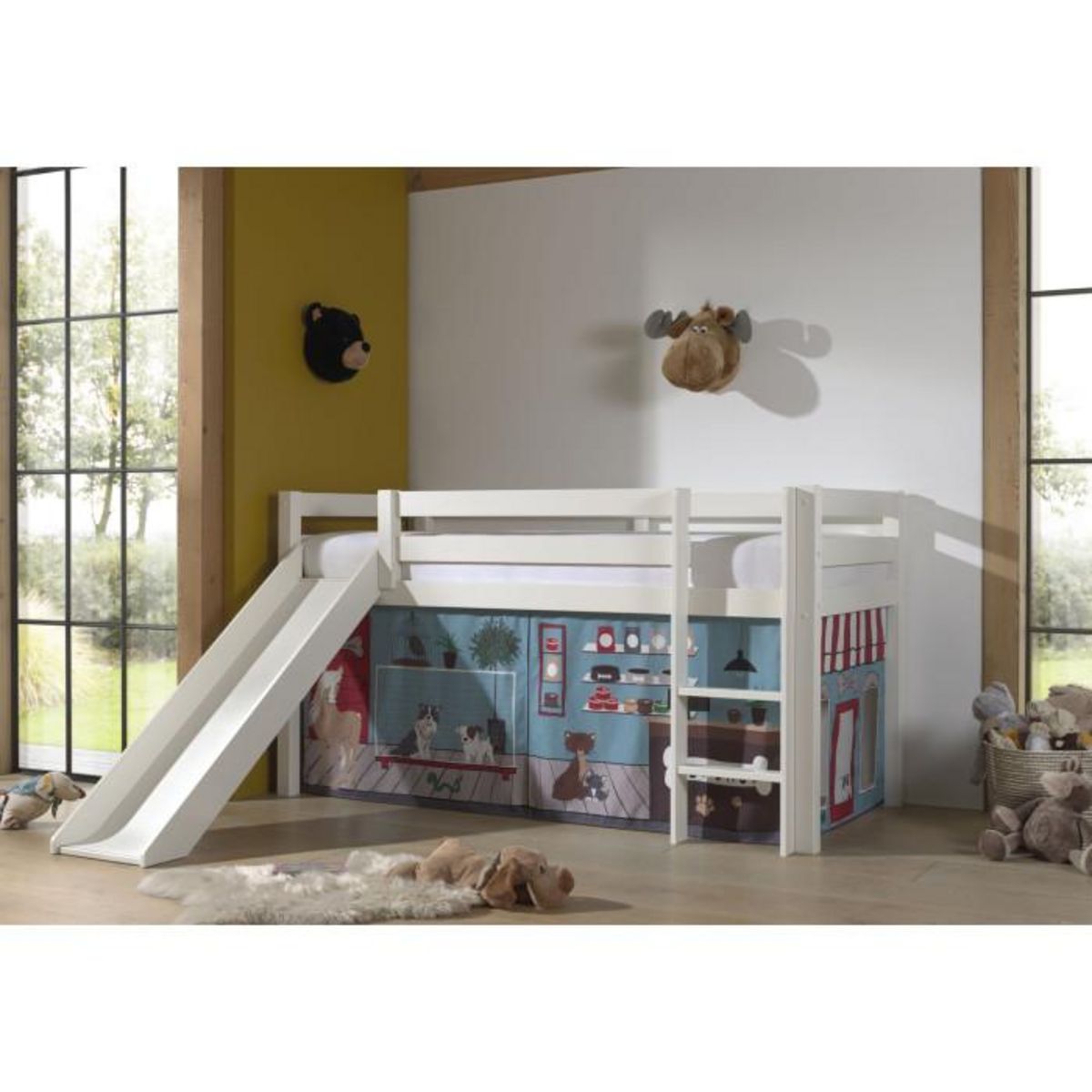 Paris Prix Lit Enfant Surélevé Avec Toboggan  Pino Pet Shop  90x200cm Blanc