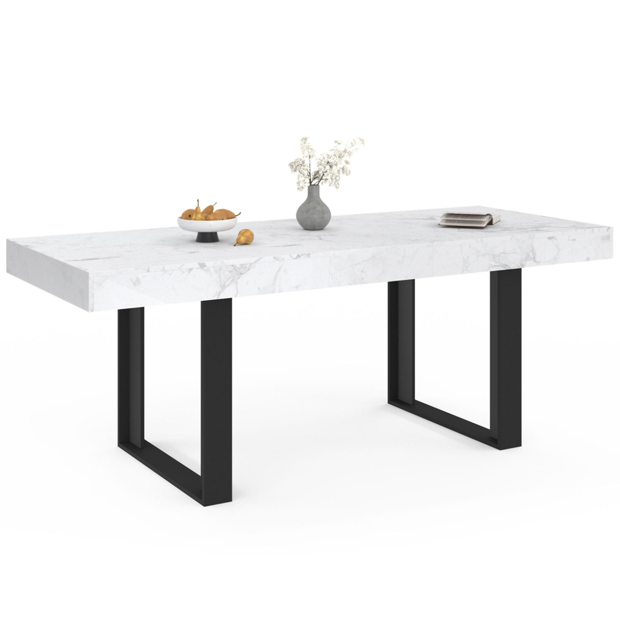 ID MARKET Table à manger extensible rectangle phoenix 4-8 personnes plateau effet marbre blanc alaska 160-200 cm