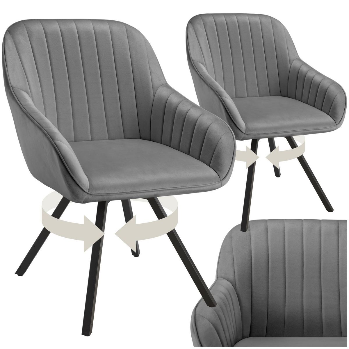 tectake Chaise pivotante avec accoudoirs rembourrée aspect velours gris Lot de 2