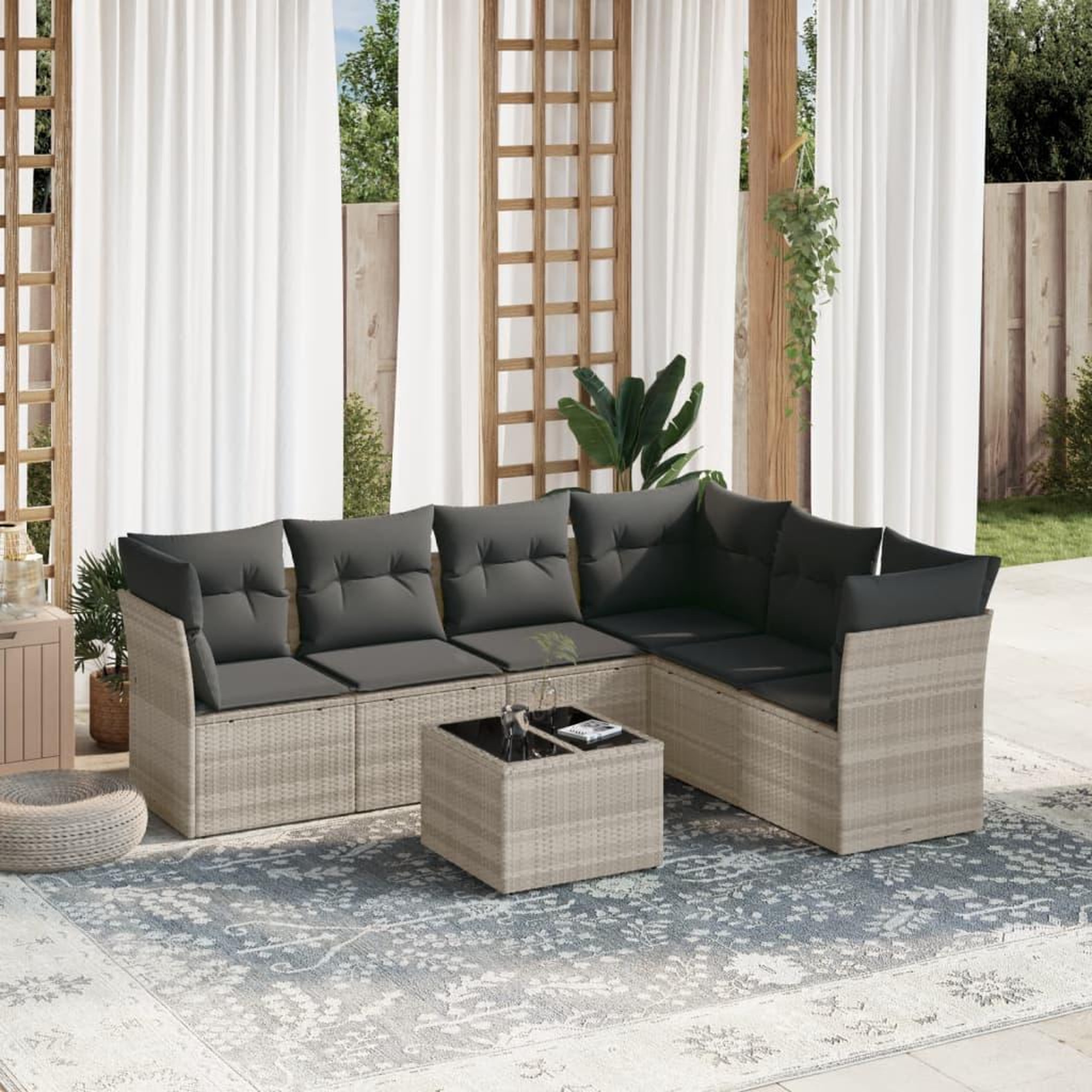 VIDAXL Salon de jardin avec coussins 7 pcs gris clair resine tressee