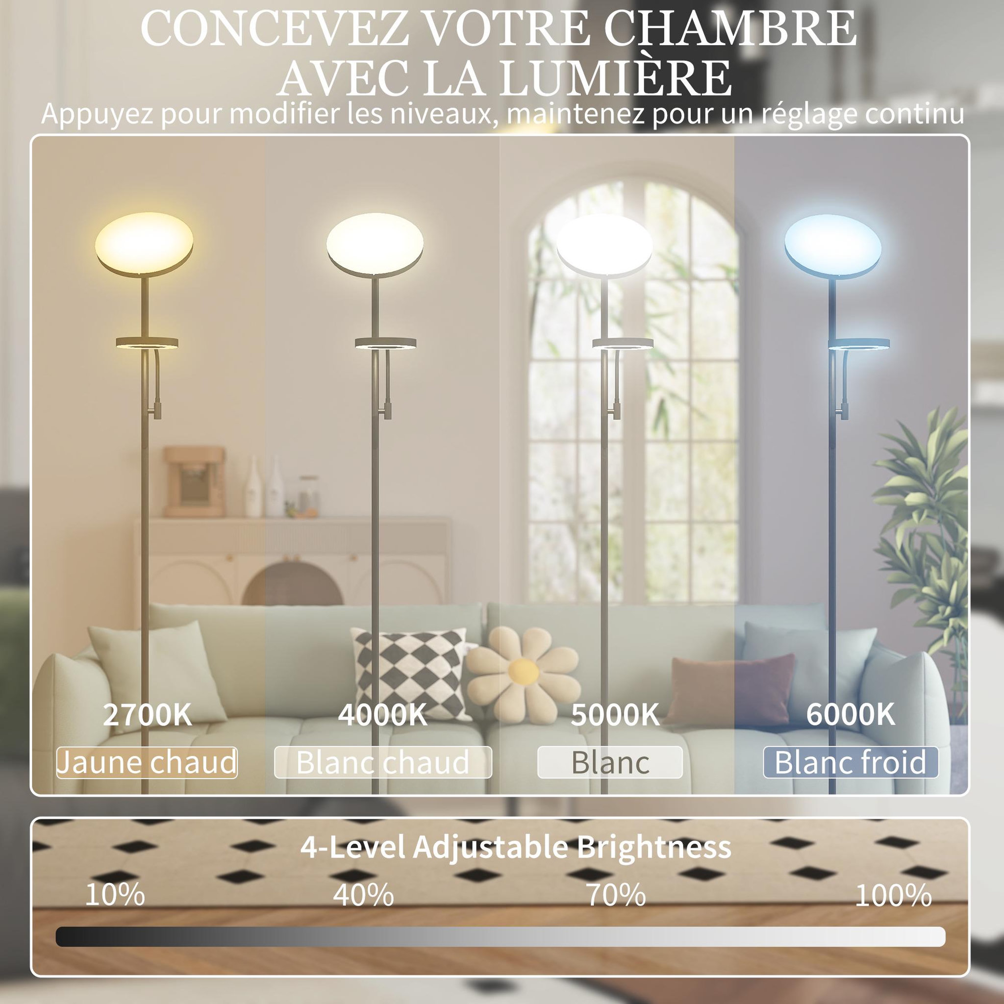 Voir la diapositive 4 : HOMCOM Lampadaire led 42w dimmable 2700k-6500k 4 couleurs variation continue 4 modes scène télécommande noir