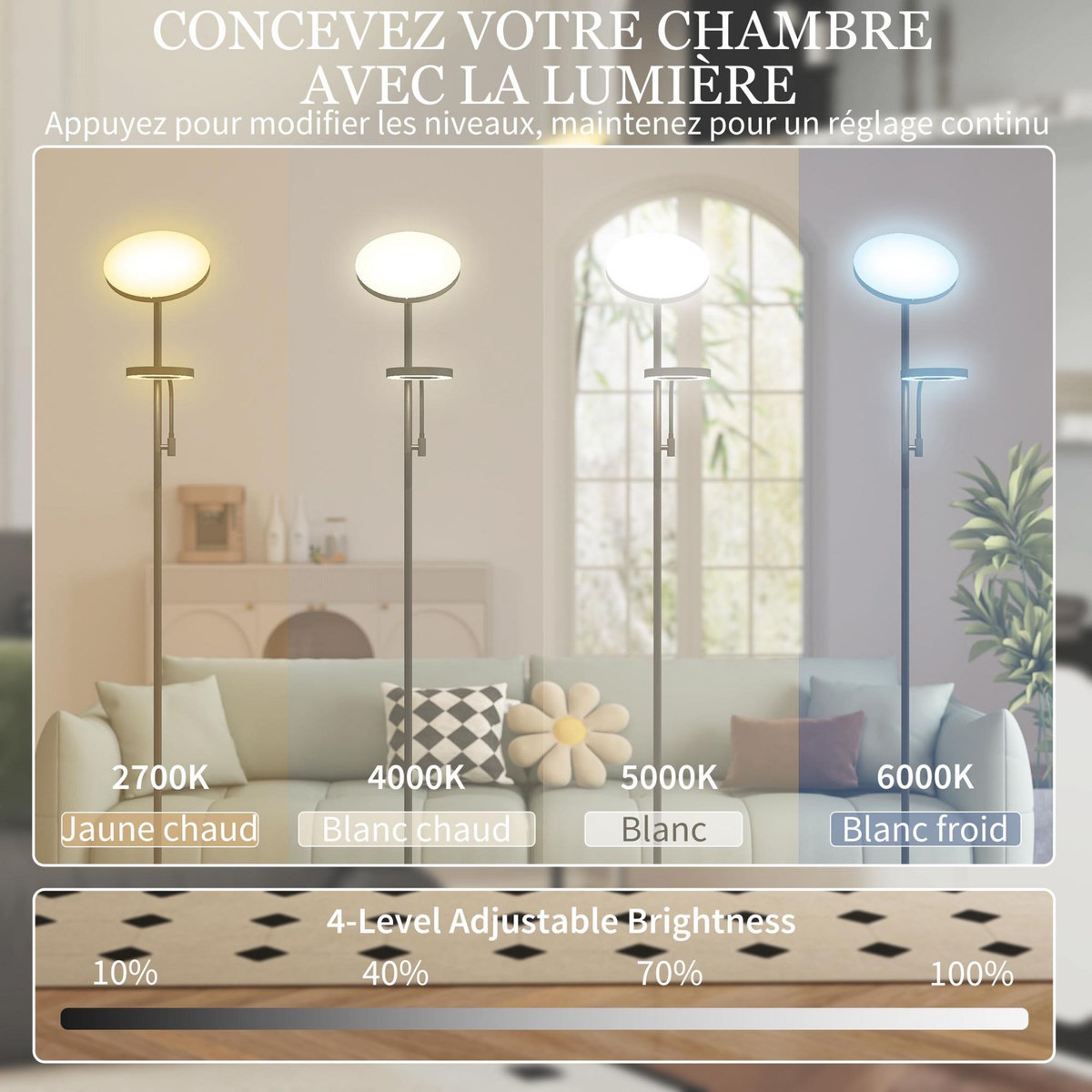 HOMCOM Lampadaire LED 42W dimmable 2700K-6500K 4 couleurs variation continue 4 modes scène télécommande noir