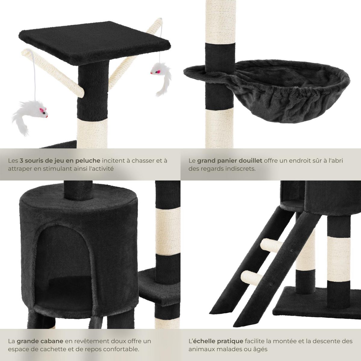 tectake Arbre à chat 144 cm avec griffoir et plateforme d'escalade noir