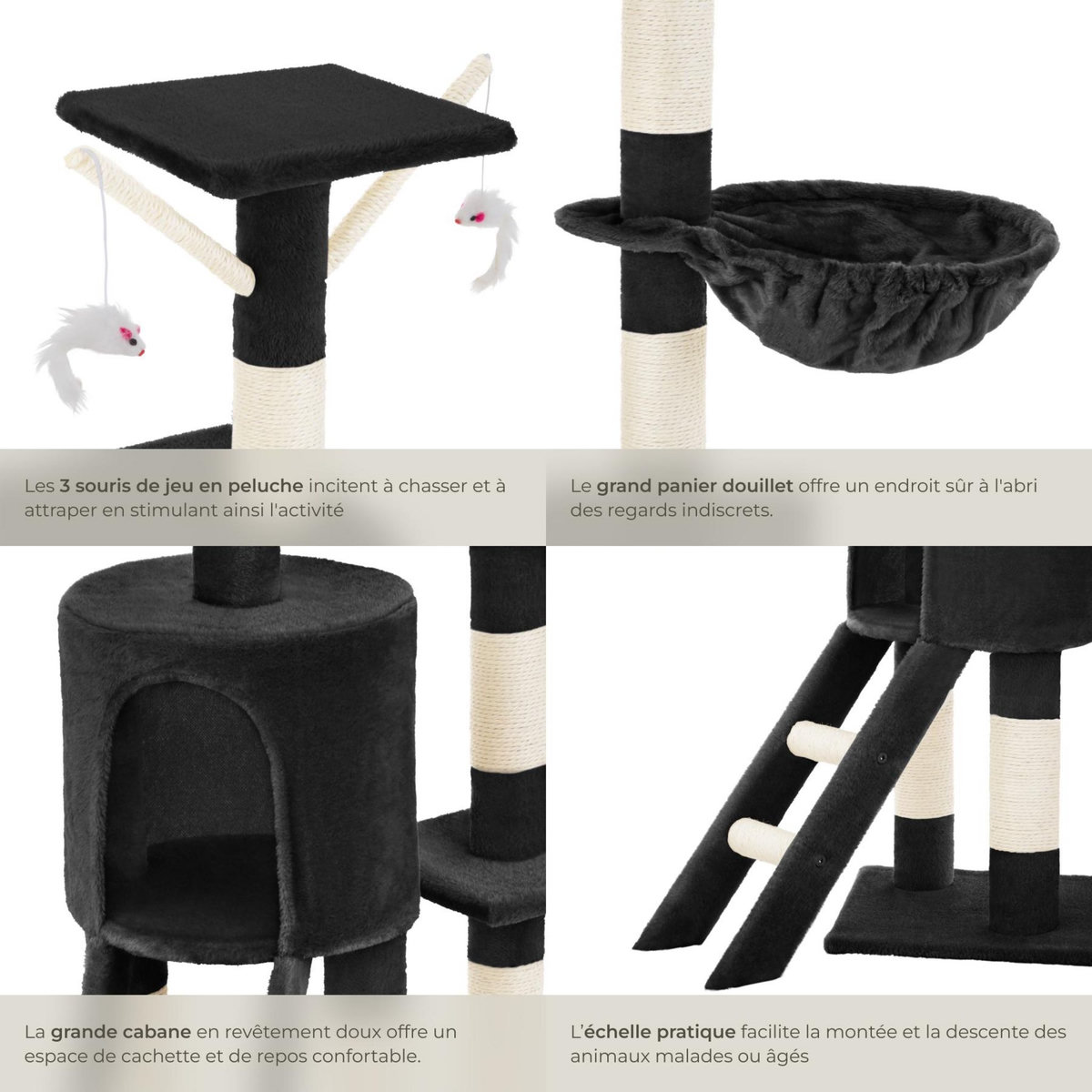 tectake Arbre à chat 144 cm avec griffoir et plateforme d'escalade noir