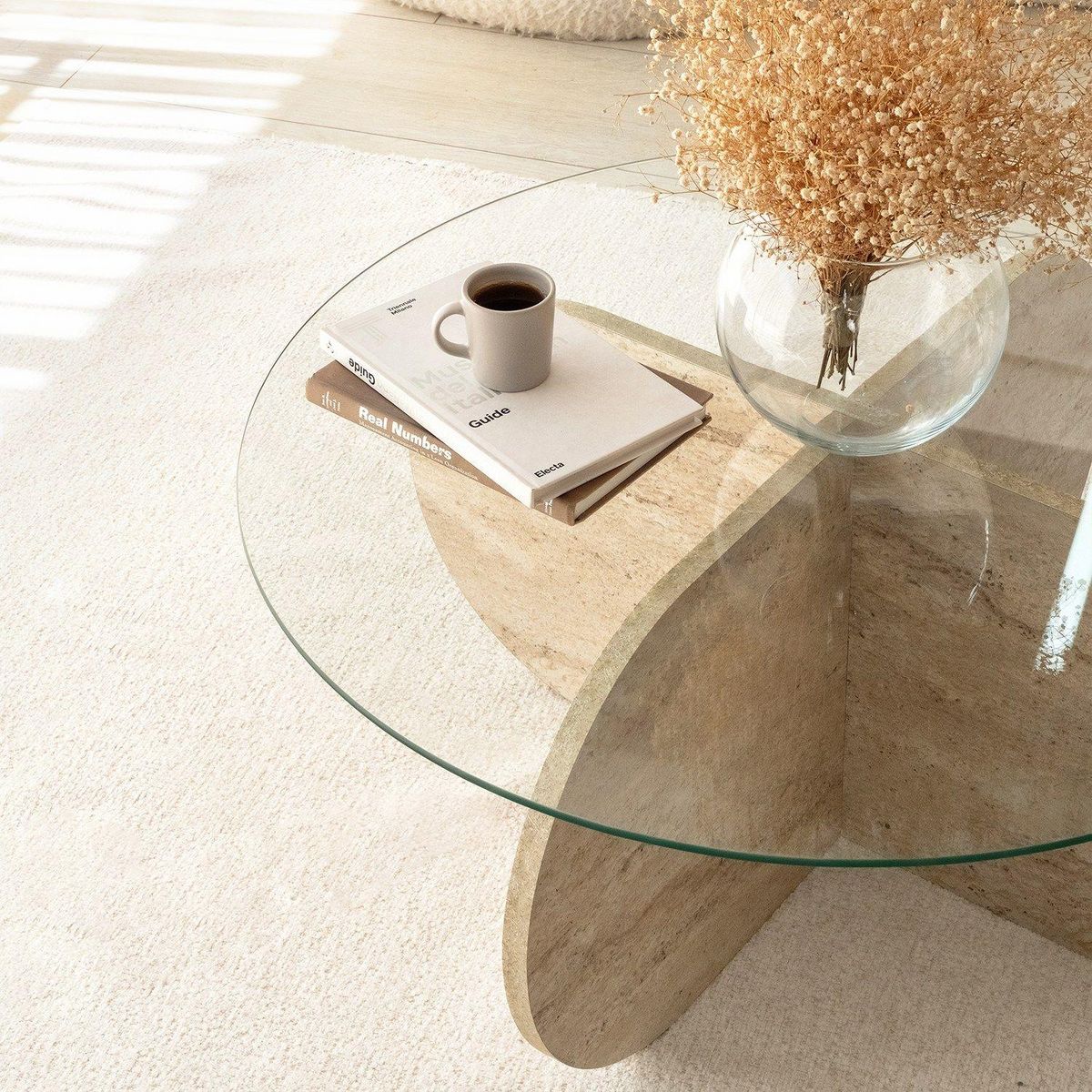 TOILINUX Table basse ronde en verre et effet travertin - Beige