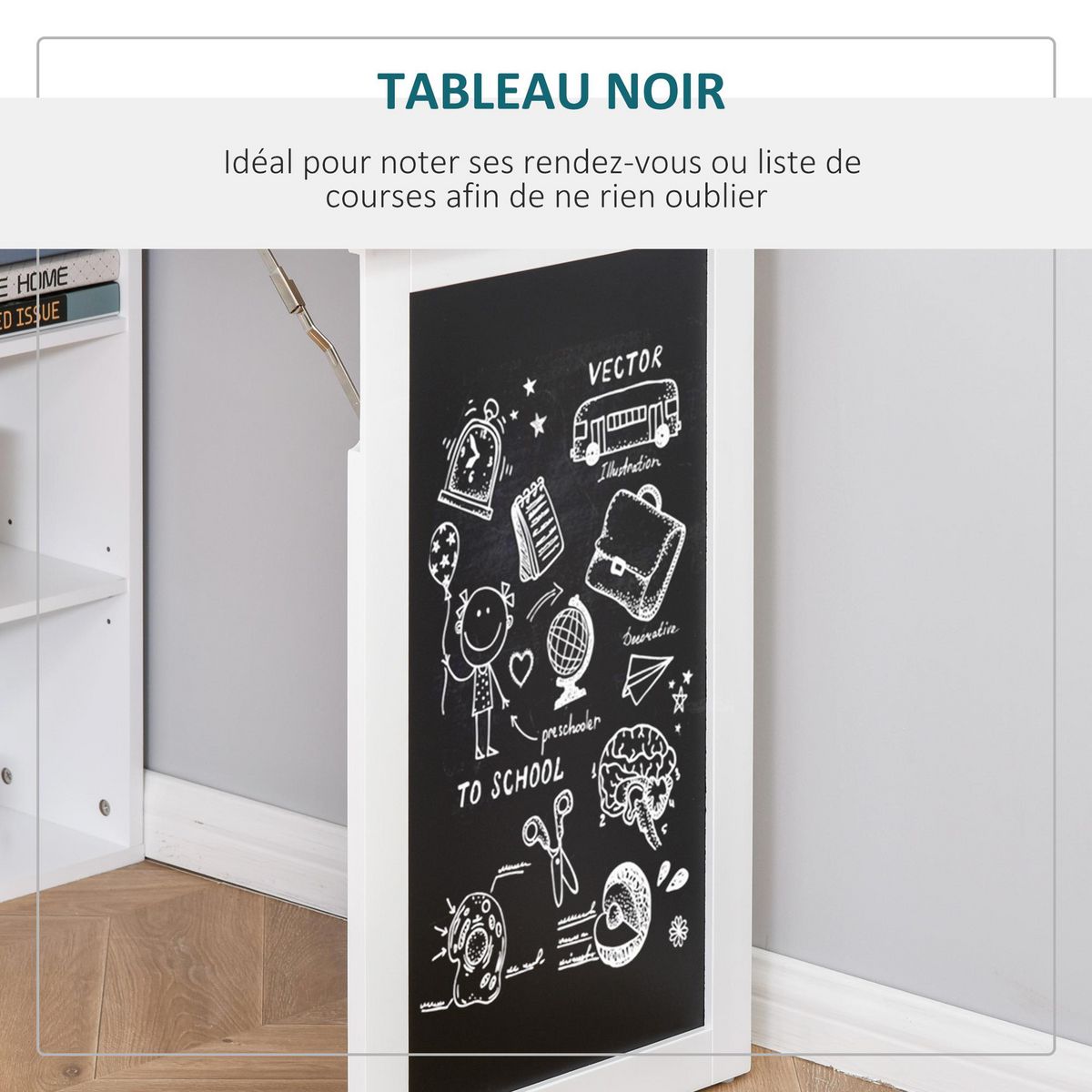 HOMCOM Bureau mural pliable table murale rabattable suspendue sur pied avec bibliothèque tableau à craie intégré panneaux particules blanc