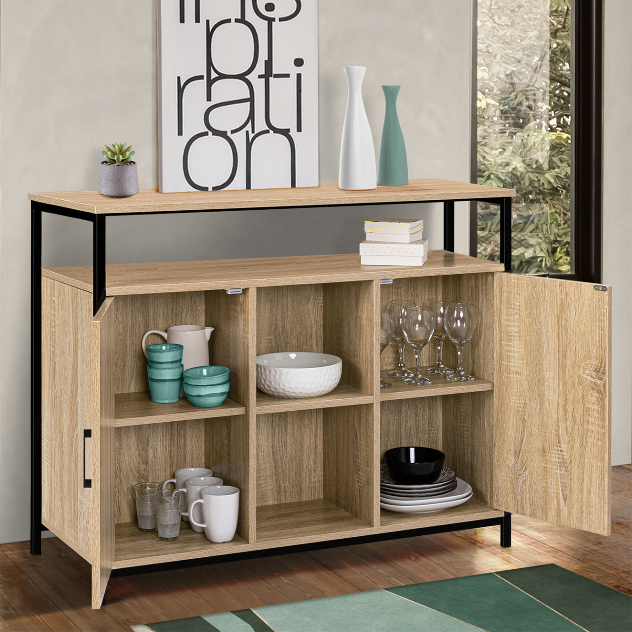 Voir la diapositive 3 : ID MARKET Buffet 100 cm DETROIT 2 portes avec étagères design industriel (compose ref 15343)