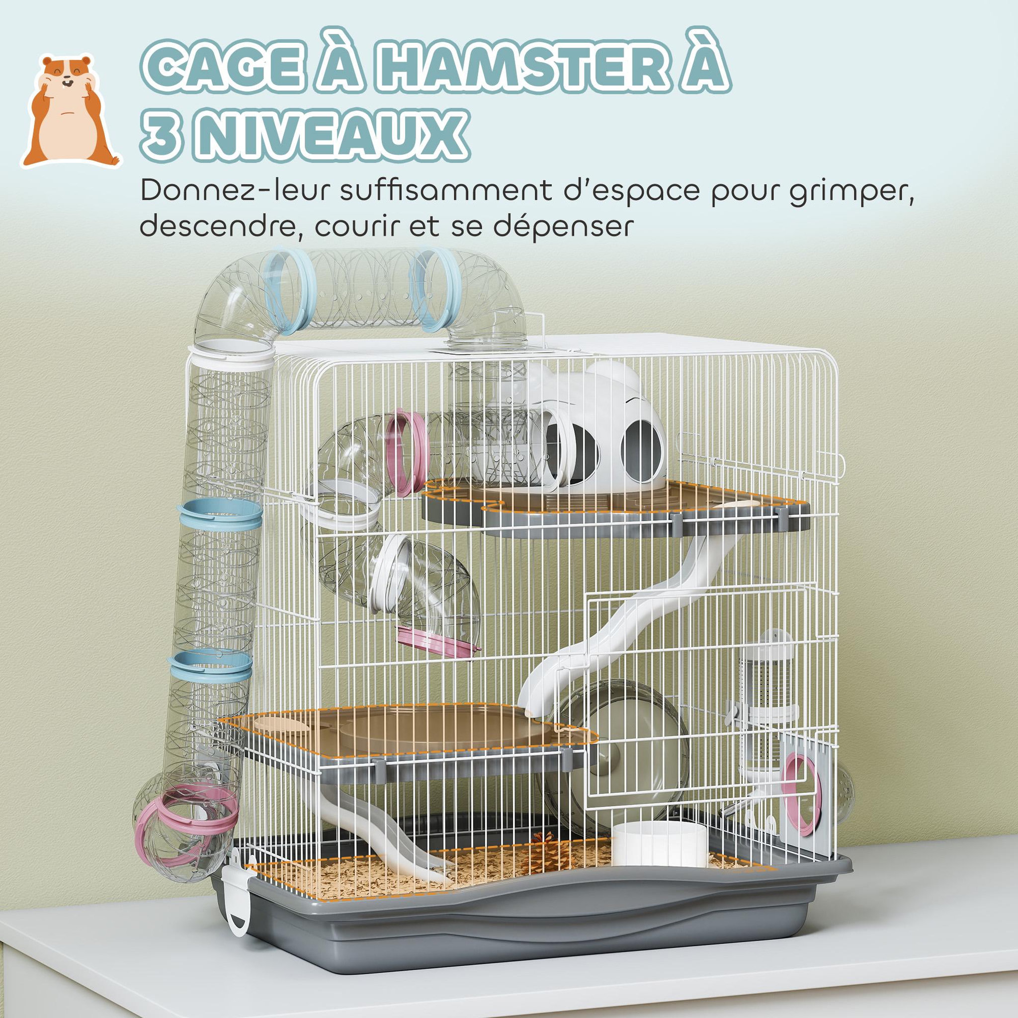 Voir la diapositive 6 : PAWHUT Cage rongeur hamster 3 niveaux cabane roue tunnel toboggan biberon mangeoire 45 x 30 x 45 cm blanc gris