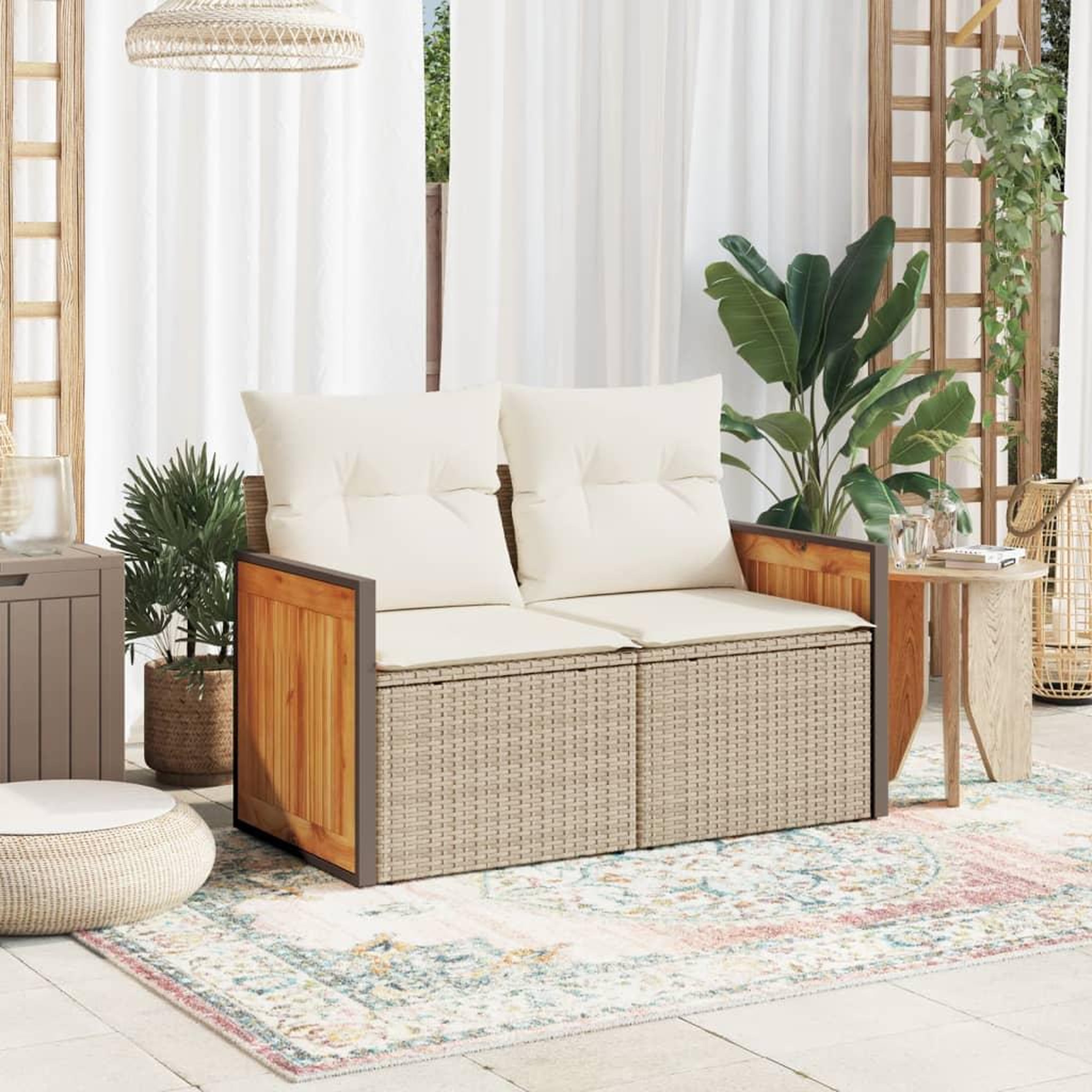 Voir la diapositive 3 : VIDAXL Canape de jardin avec coussins 2 places beige resine tressee