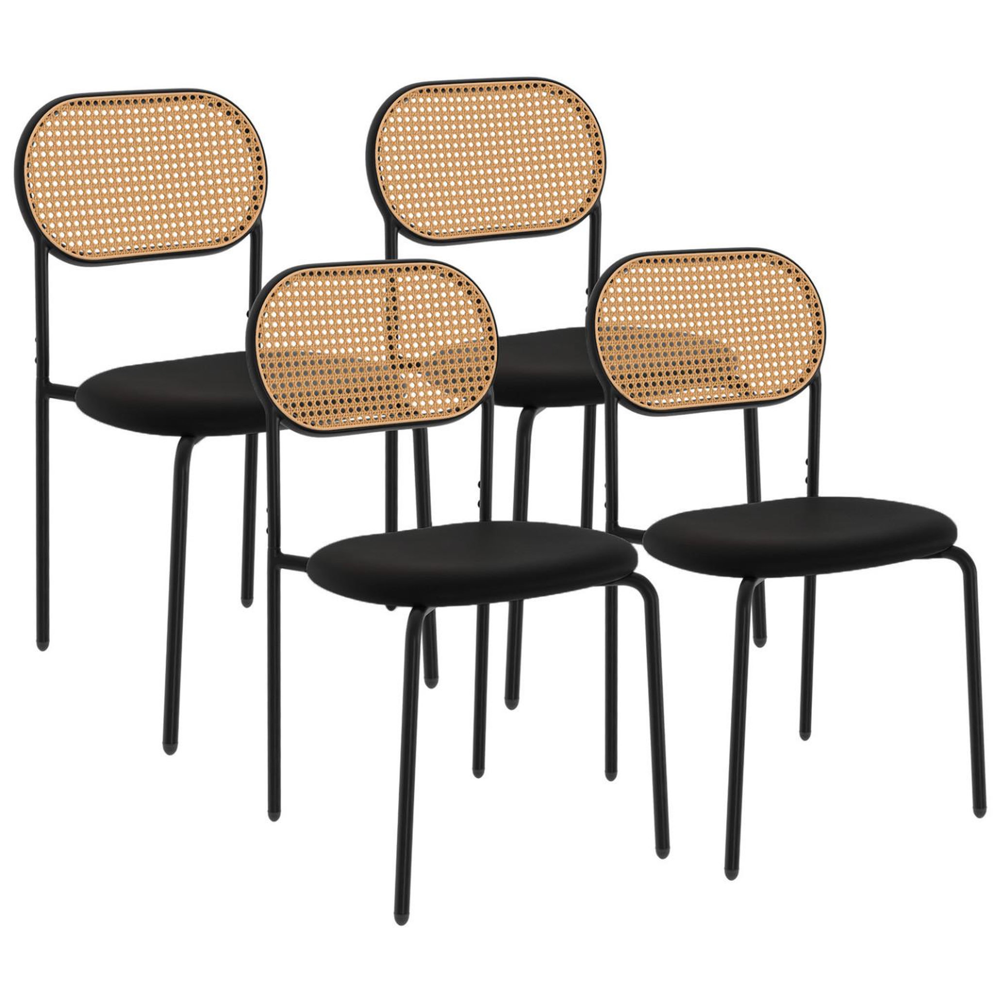 ID MARKET Lot de 4 chaises vintage clotilde en métal noir et dossier cannage pour salle à manger