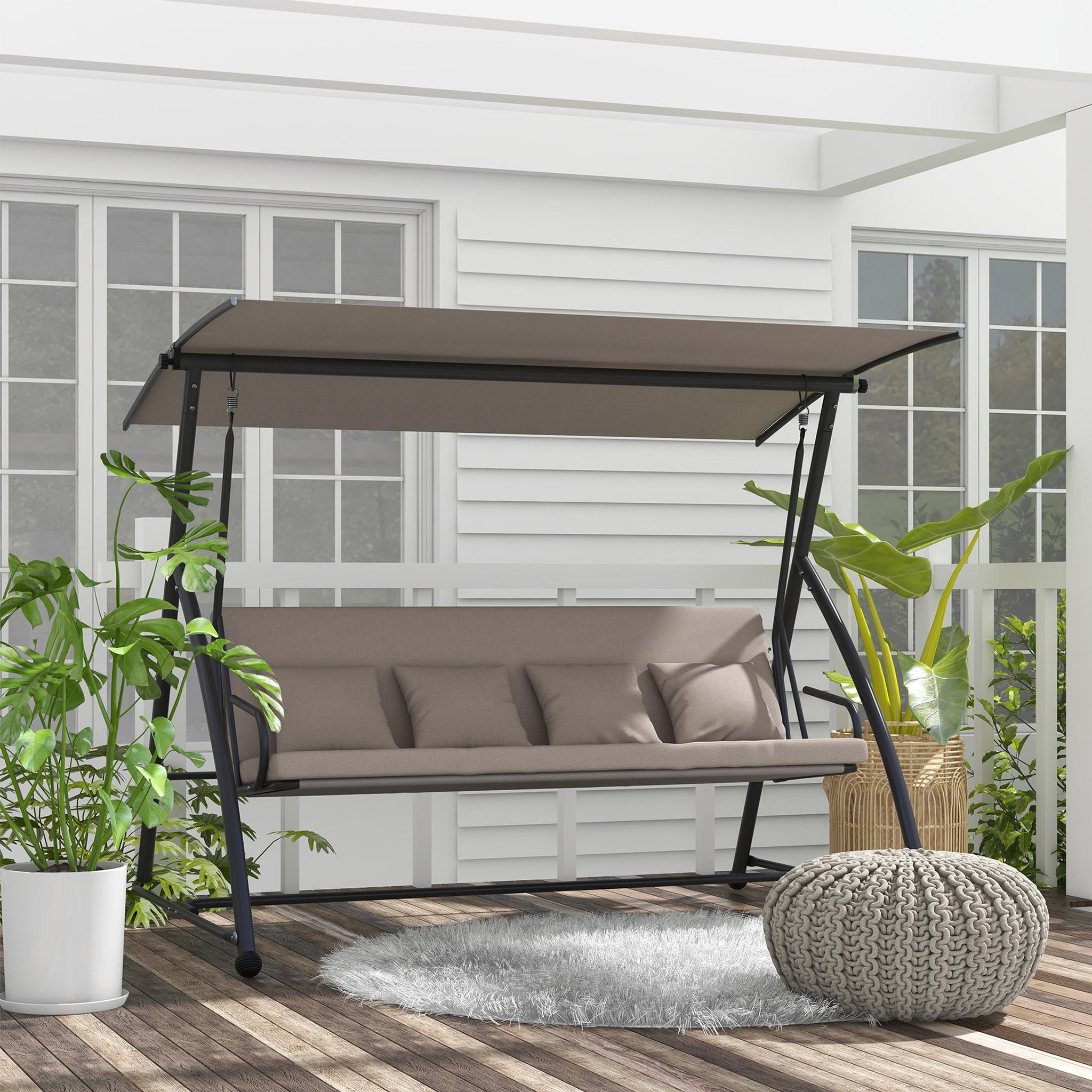 Voir la diapositive 2 : OUTSUNNY Balancelle de jardin 3 places convertible réglable - coussin assise dossier + 4 oreillers - dim. 218 x 120 x 168 cm - taupe