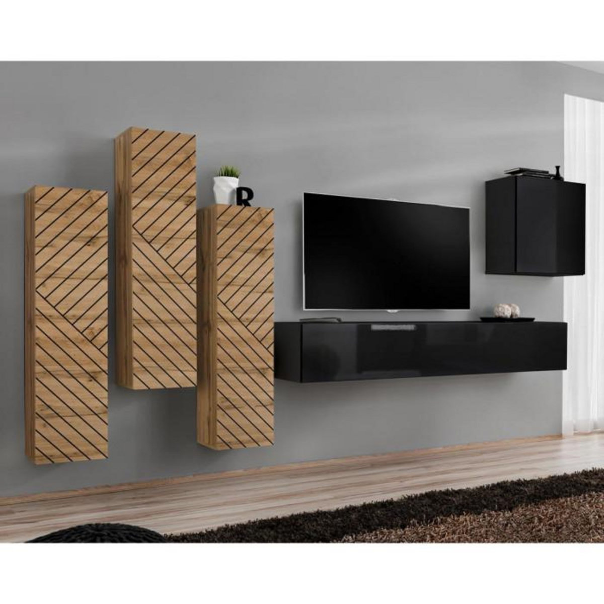 Paris Prix Ensemble Meuble TV  Switch Lamel III  330cm Noir & Naturel