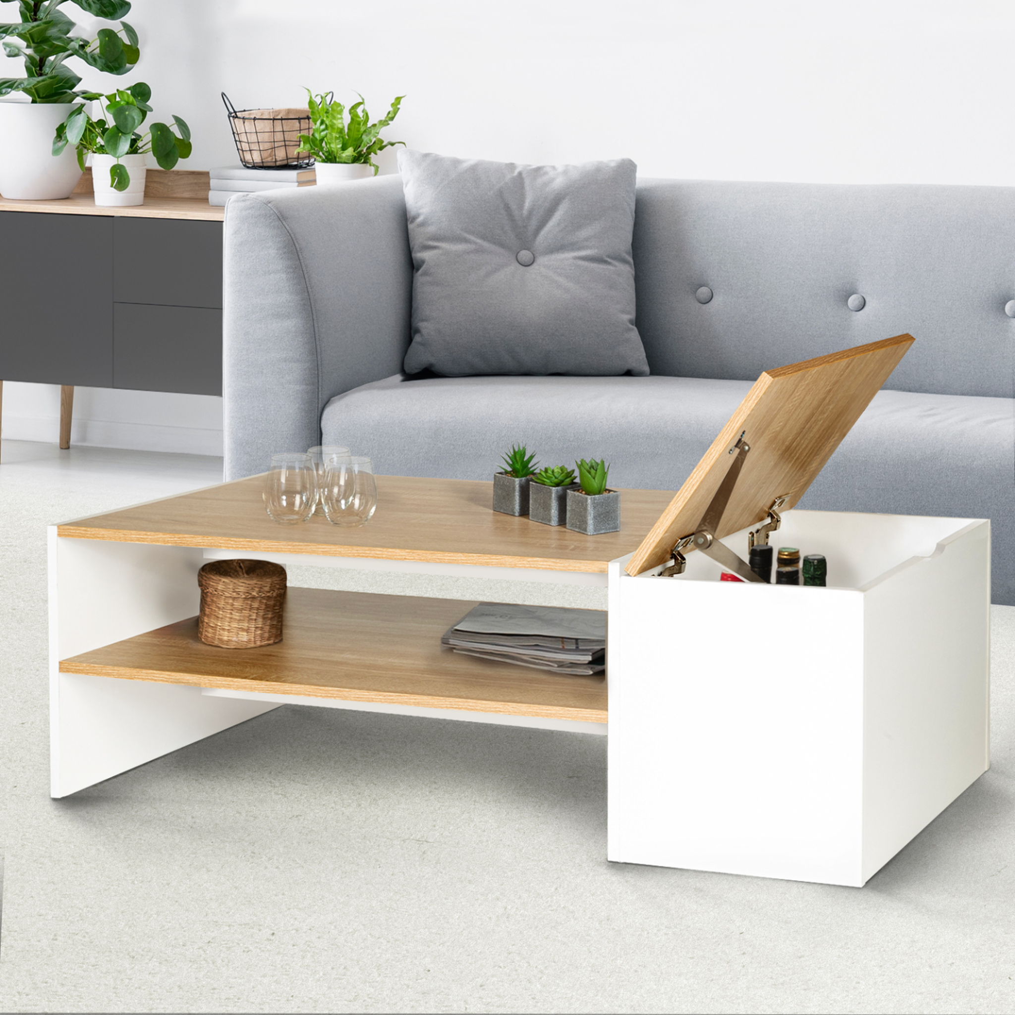 Voir la diapositive 2 : ID MARKET Table basse bar contemporaine rectangulaire izia avec coffre blanc et plateaux bois