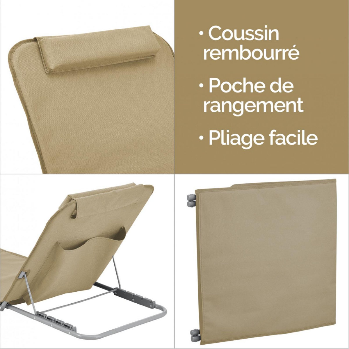 LINXOR Matelas, transat, tapis de plage avec dossier inclinable et sac de transport