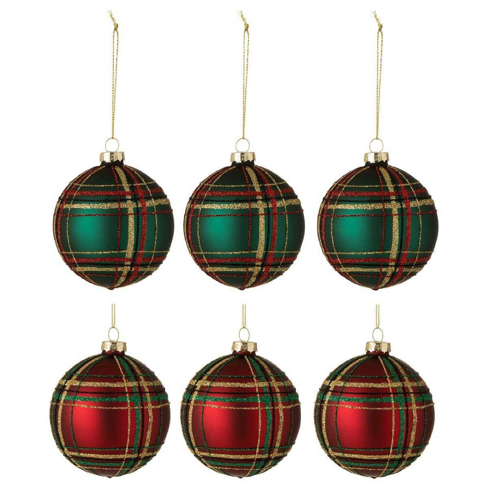 J-LINE Lot de 6 boules de noël  quadrillé  8cm vert & rouge