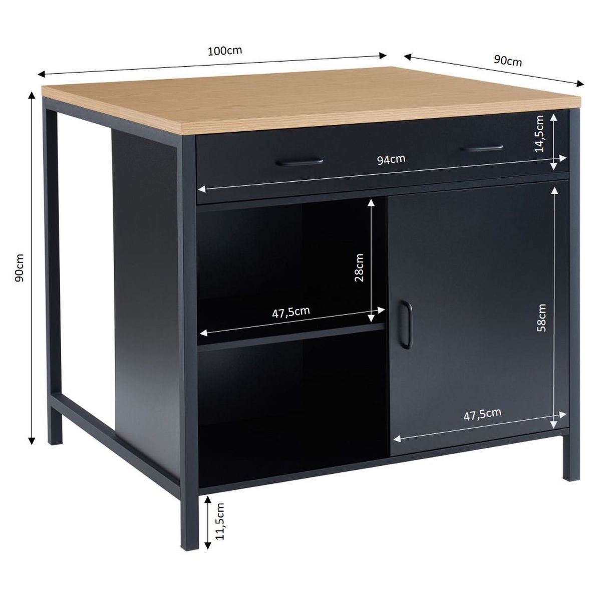 Îlot central de cuisine 1 tiroir 1 porte 1 étagère - L100cm PEPER