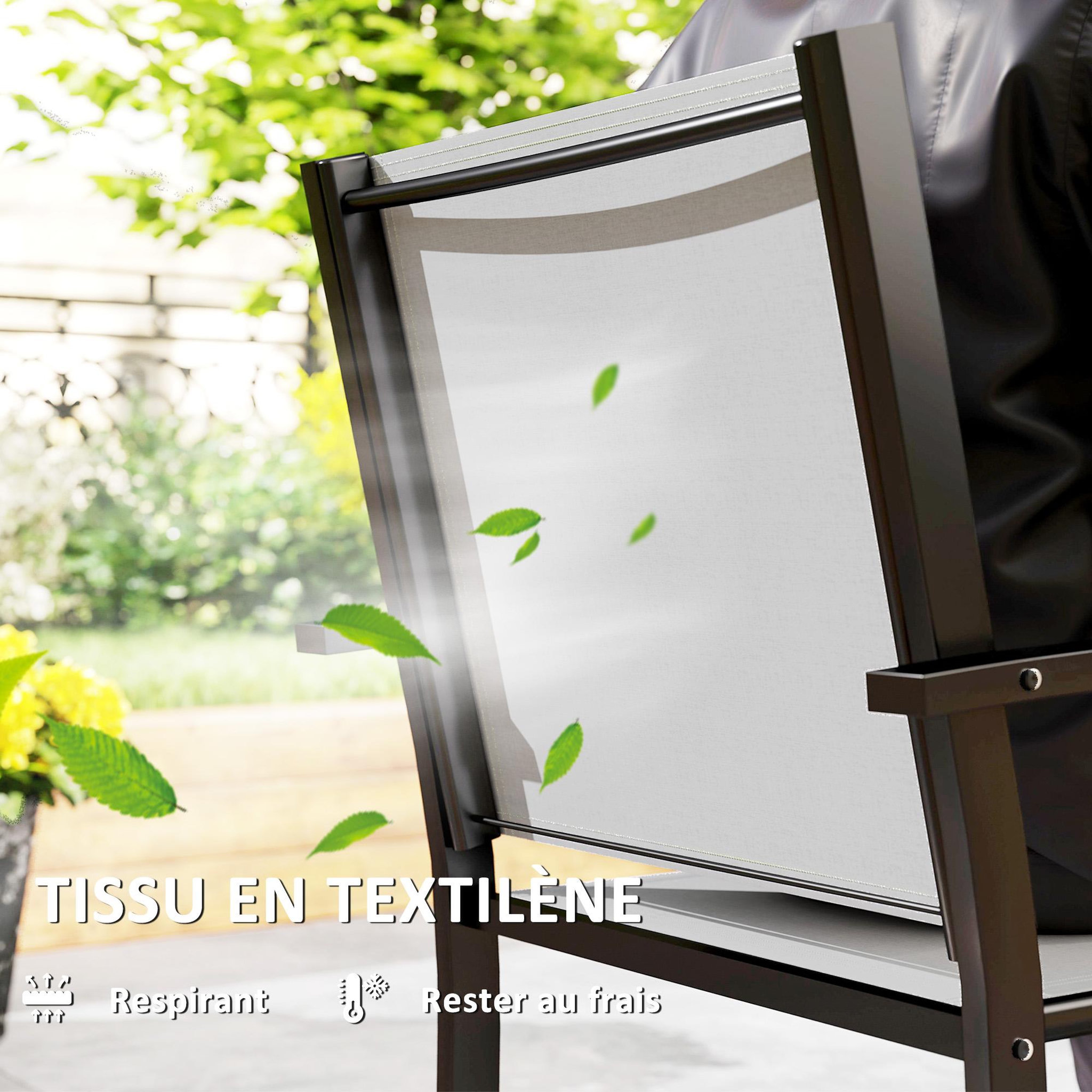 Voir la diapositive 6 : OUTSUNNY Lot de 2 chaises de jardin empilables avec accoudoirs acier noir textilène gris clair
