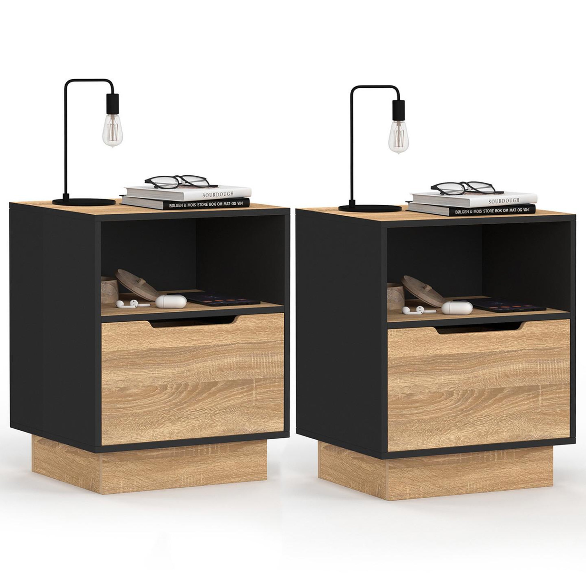 ID MARKET Lot de 2 tables de chevet oxana 1 tiroir avec niche façon hêtre et noir