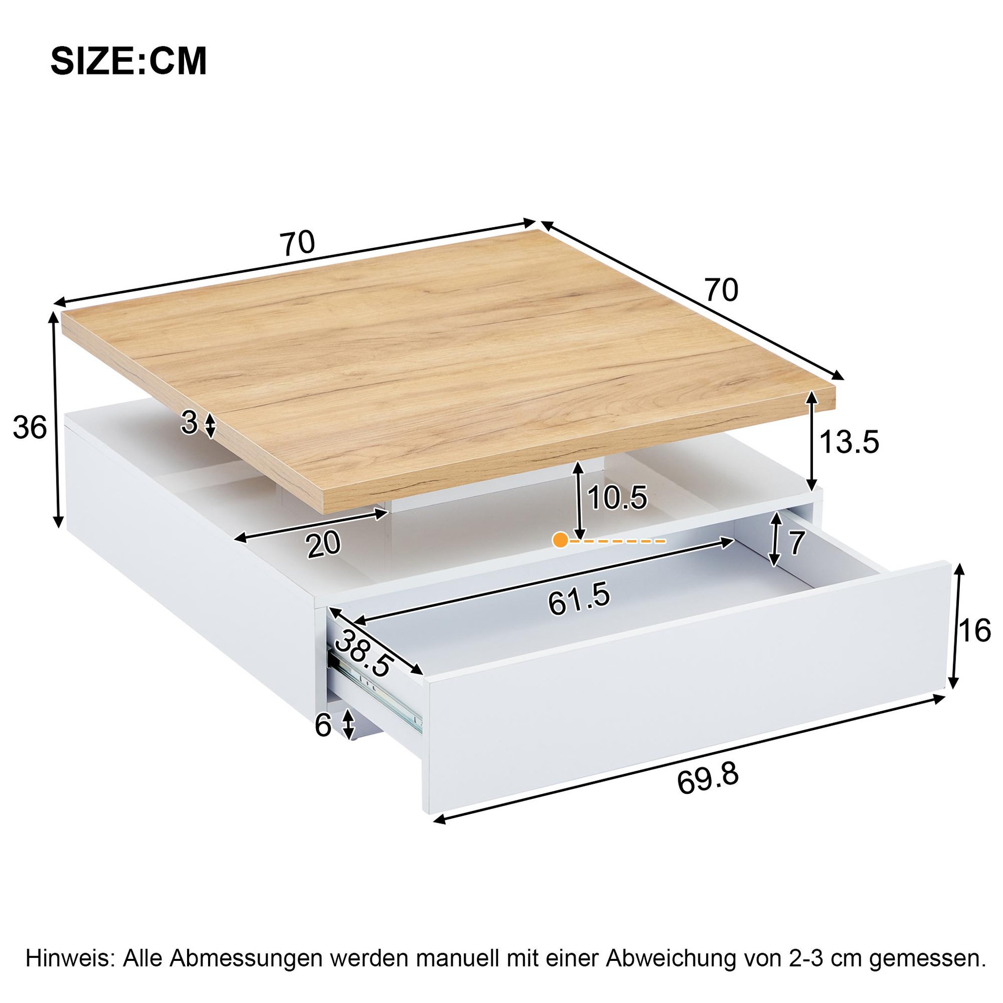 Voir la diapositive 4 : MERAX Table Basse Carrée Avec Un Bureau Rotatif à 360° Et 1 Tiroir Blanc
