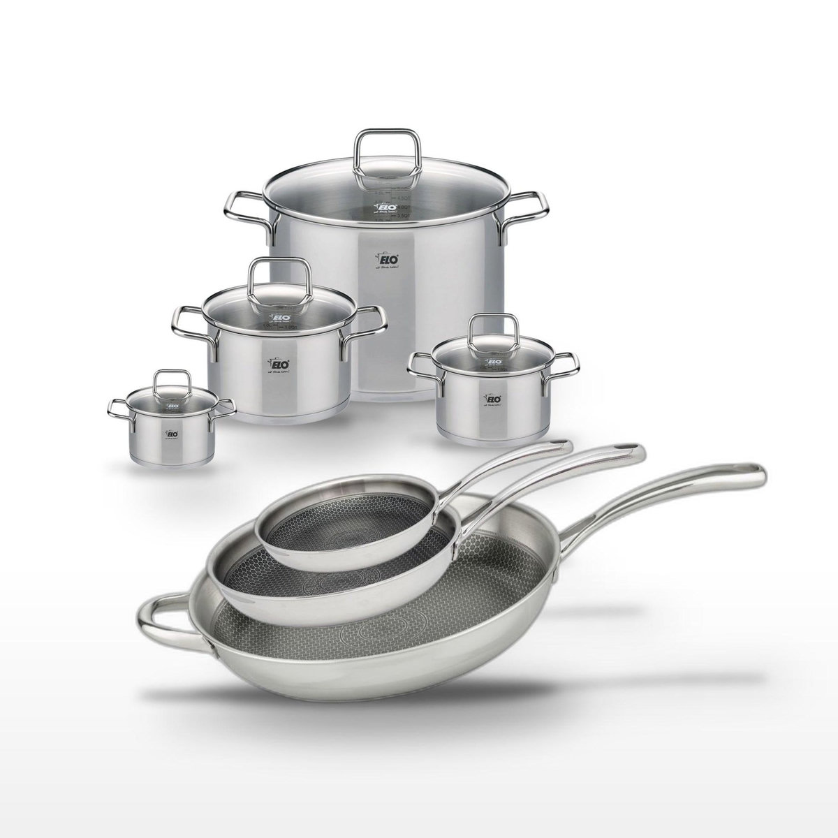 ELO Lot de 3 Poêles Elo Relief Evolution 24/28/32 cm et 4 Faitouts Elo Citrin 12/16/20/26 cm