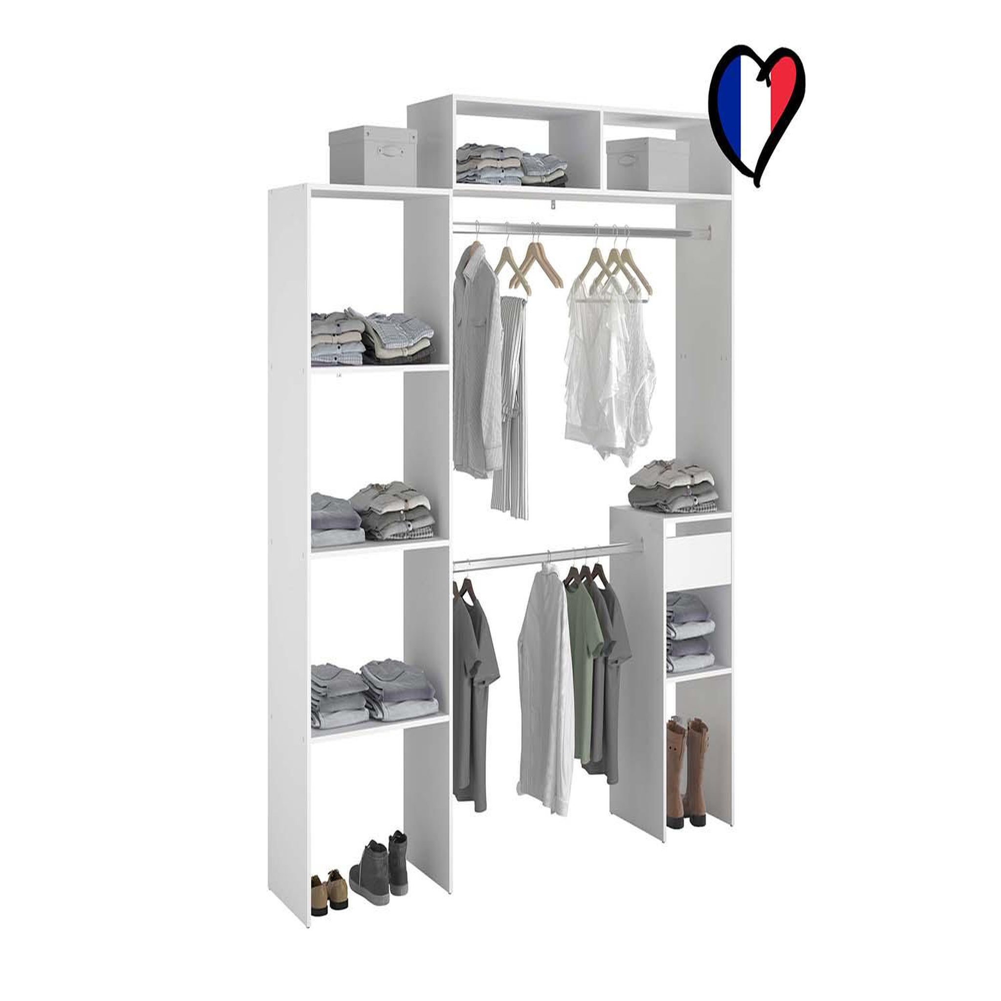 Voir la diapositive 2 : CONCEPT USINE Dressing blanc extensible avec penderie étagères et tiroirs elysee